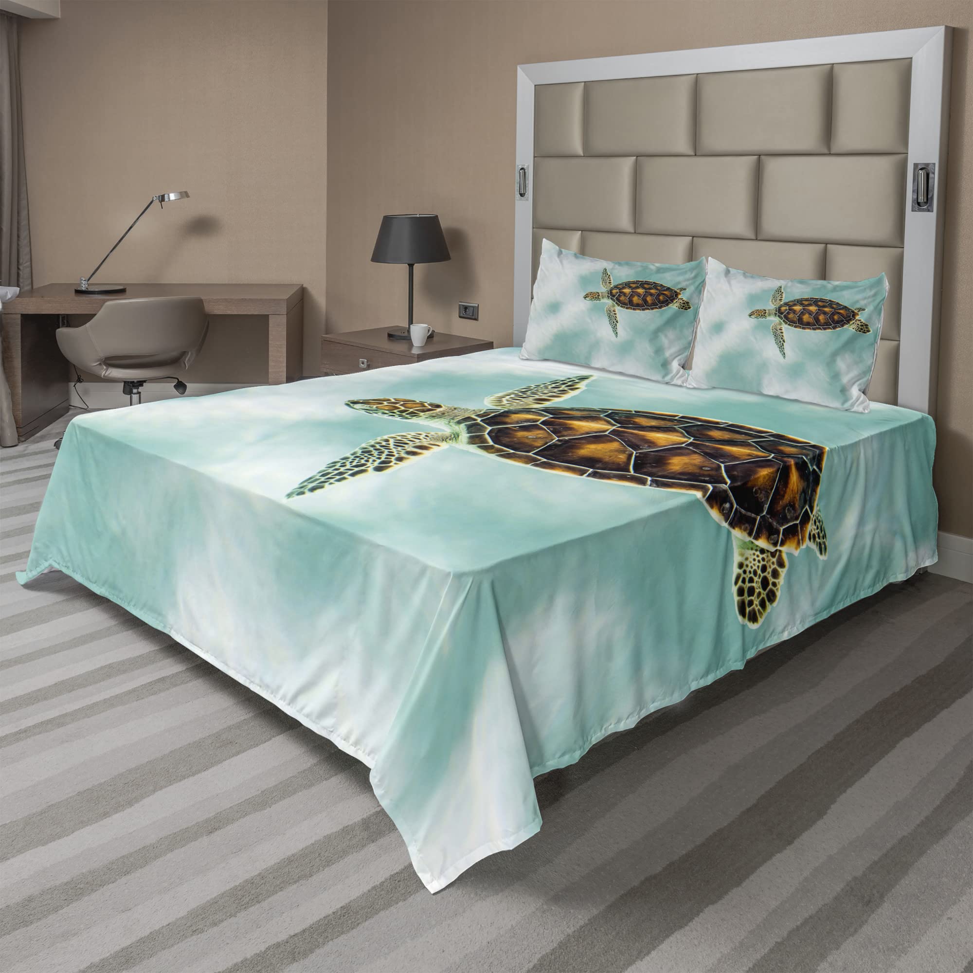Ambesonne 4-Piece Turtle Sheet Set - King Size, Pale Coffee Seafoam - Abstract Turtle Swimming in Serene Waters Design - Fitted & Flat Sheet with Pillowcases - Perfect for Coastal, Nautical or Nature-Themed Bedrooms - Soft & Breathable Bedding for Ultimate Comfort