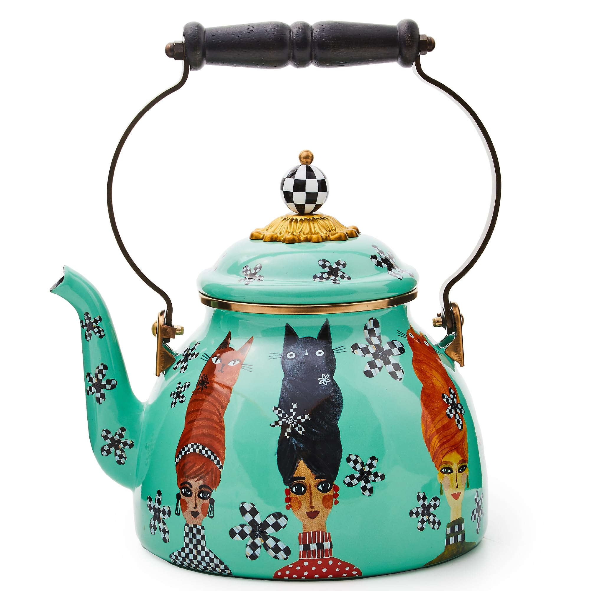 MACKENZIE-CHILDS 2-Quart Enamel Stovetop Tea Kettle - Vintage Style Cat-Themed Teapot for Tea Lovers | Perfect for Home Kitchen, Afternoon Tea Parties & Gift Giving