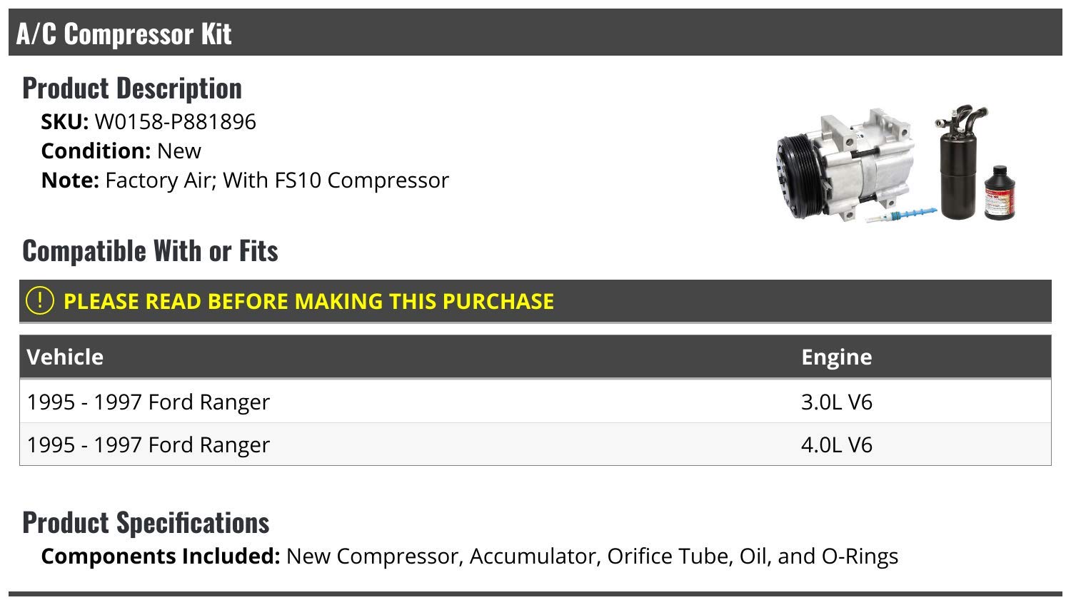 Ford Ranger 3.0L 4.0L V6 A/C Compressor Kit with Accumulator, Orifice Tube, Oil & O-Rings (1995-1997) - Complete AC System Replacement for Cooling Performance - Perfect for DIY Auto Repair & Summer Driving Comfort