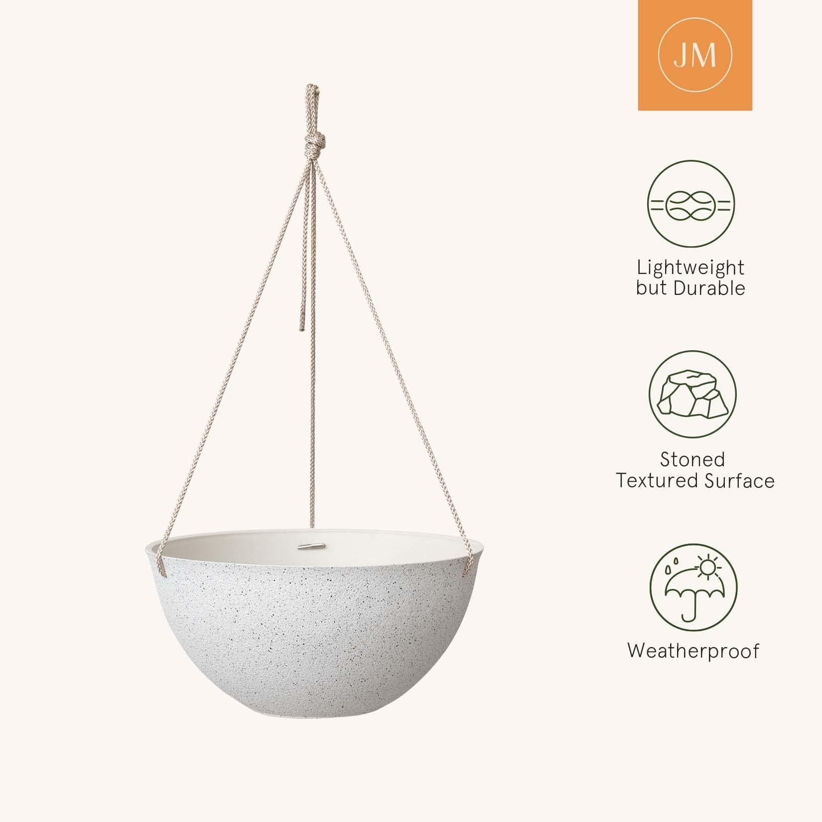 LA JOLIE MUSE 13 Inch Large Hanging Planters for Outdoor Plants - Set of 2 Speckled White Flower Pots for Patio, Garden & Balcony Decor
