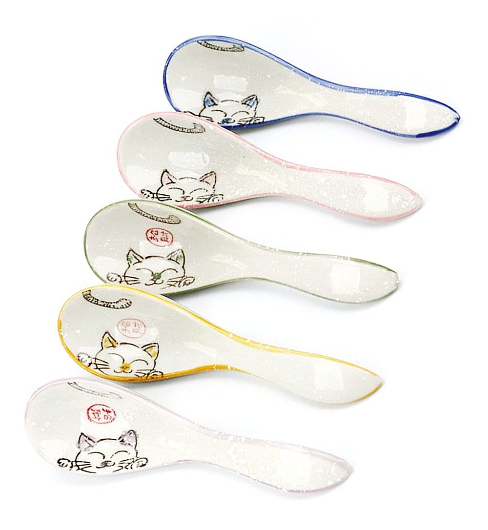 5-Piece Ceramic Soup Spoons Set - Hand-Painted Lucky Cat Design, Perfect for Dessert, Soup & Asian Cuisine | Ideal for Home Dining, Gifts & Restaurant Use
