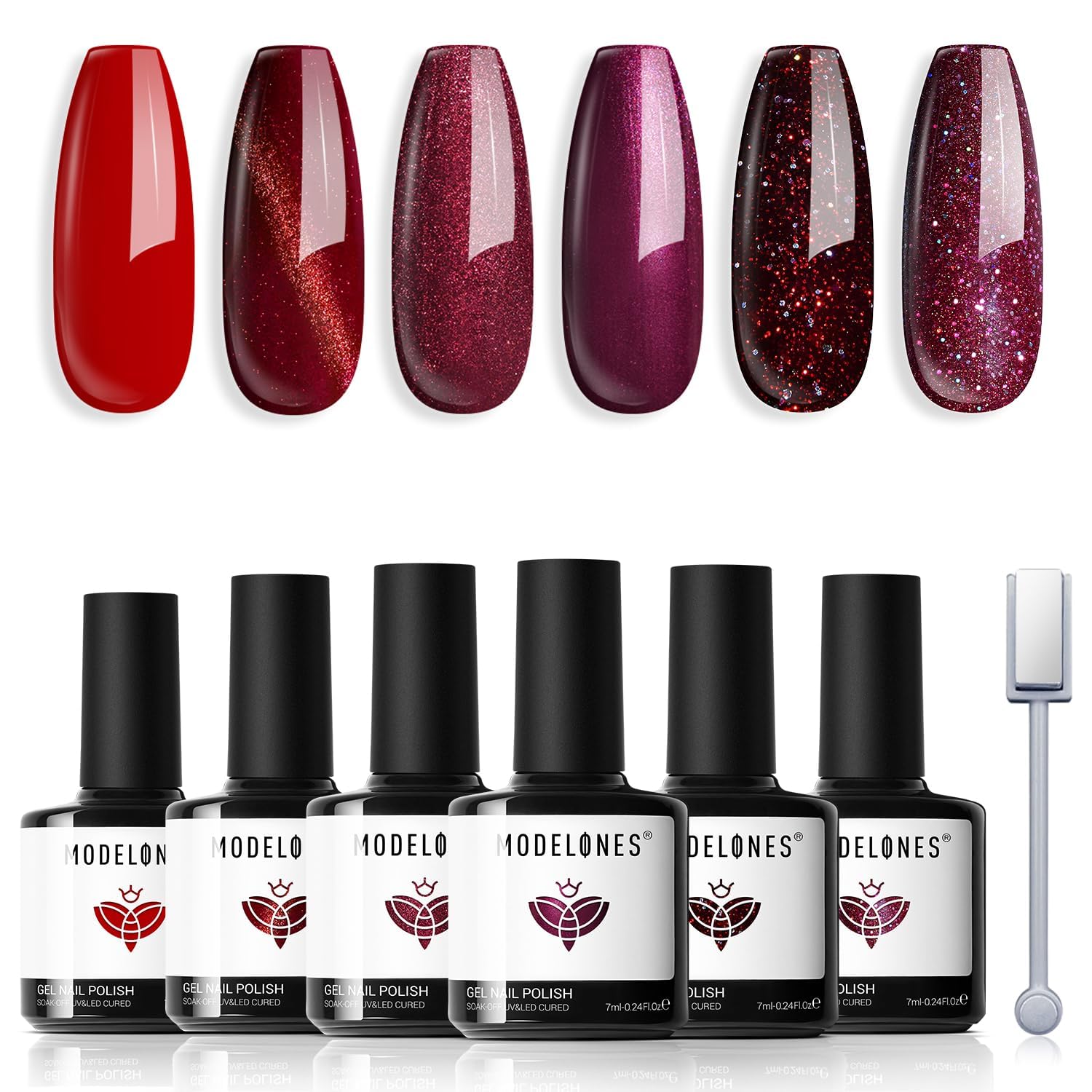 Modelones 6PCS Gel Nail Polish Set - Red Burgundy Purple Glitter & Cat Eye Chameleon Shimmer Soak Off LED UV Nail Art Kit for Manicure Salon & DIY Home Nail Care | Perfect Gift for Nail Lovers