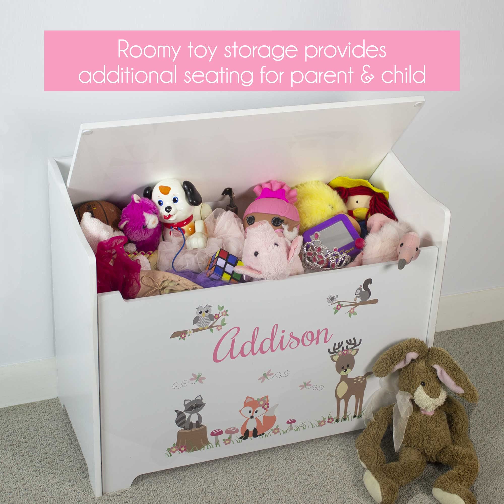 Personalized Pink Gray Elephant Toy Box Bench with Lid - Custom Wooden Toy Storage Chest for Nursery, Playroom & Bedroom - Multi-Functional Seat & Decor Organizer | Perfect for Kids' Room Organization & Playtime Storage