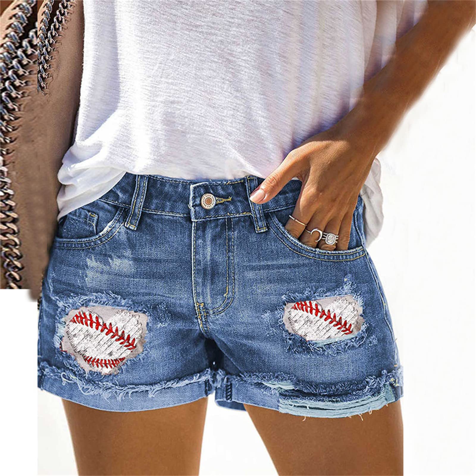 Women's Mid Rise Distressed Denim Shorts - Vintage Baseball Patchwork Ripped Jeans with Rolled Hem | Casual Summer Outfit, Streetwear Fashion