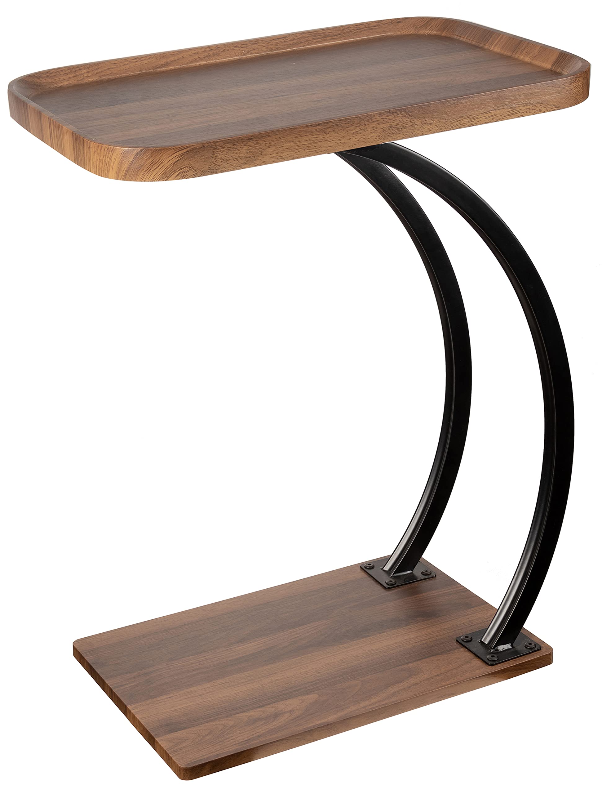 C-Shaped Wooden Top Side End Table with Double Bent Tubes - 2-Tier TV Tray Table for Couch, Sofa & Living Room - Includes 2 Large Trays for Snacks, Drinks & Remote Storage