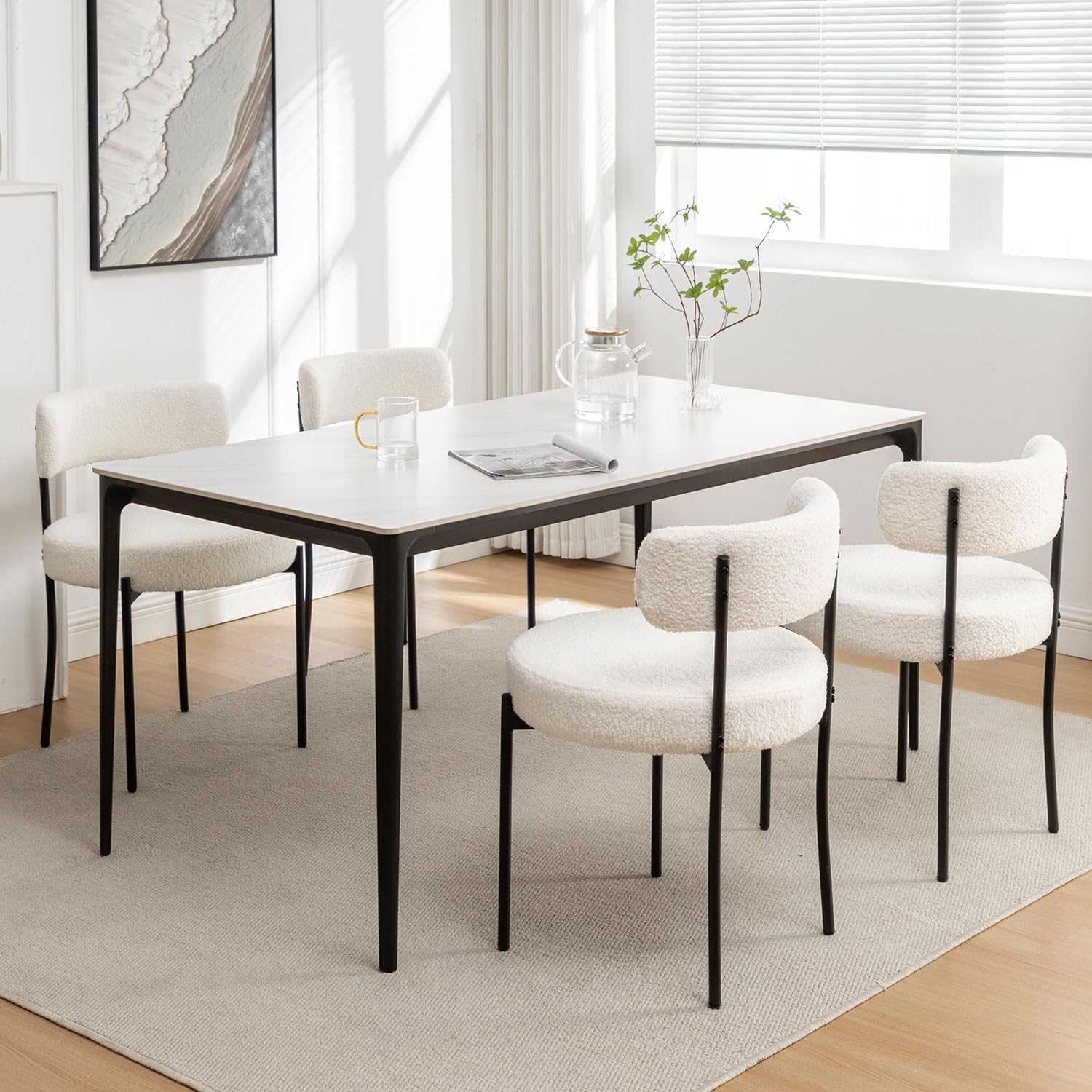 4 Pack Boucle Fabric Dining Chairs - Modern Round Upholstered Chairs with Black Metal Legs for Dining Room & Kitchen - White Velvet Accent Chairs Perfect for Home Decor, Breakfast Nook and Small Spaces