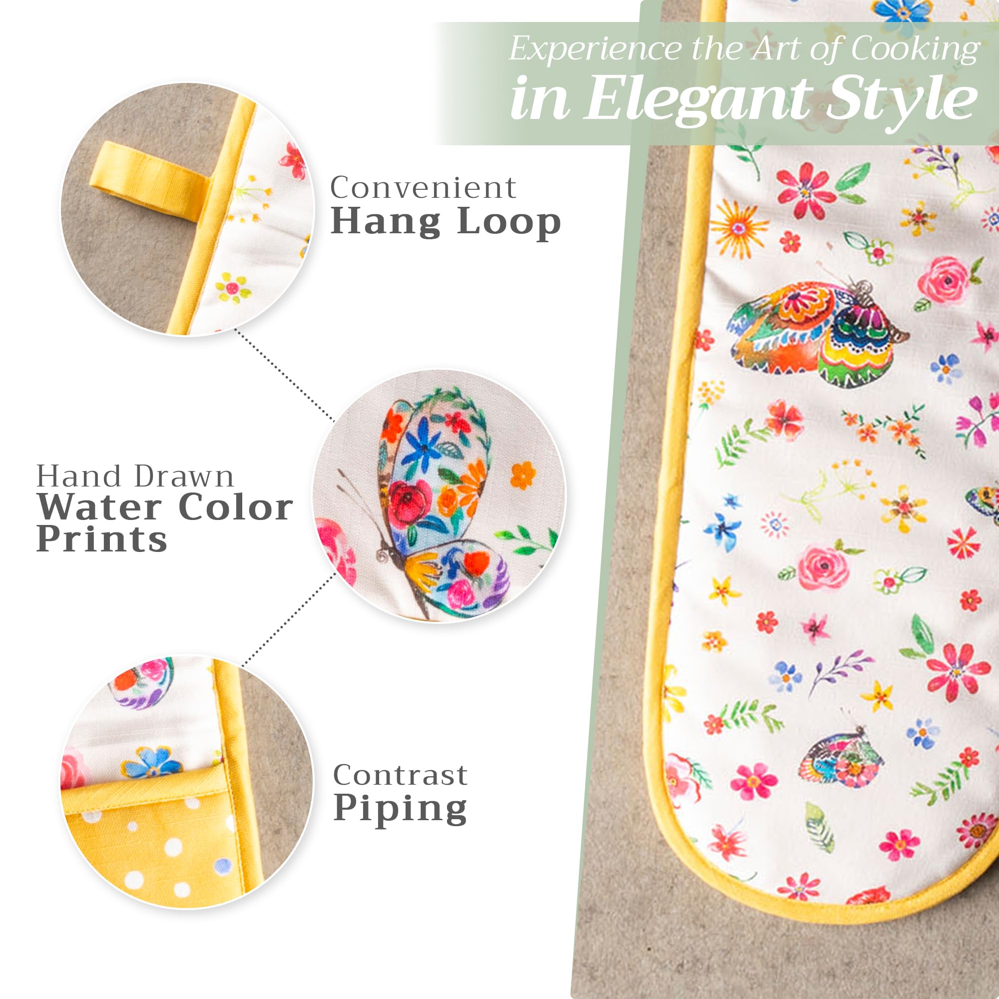 Maison d'Hermine Happy Florals 100% Cotton Double Oven Mitt with Loop - Heat Resistant BBQ, Baking, Grilling & Microwave Oven Gloves (7.5x35 Inch) - Perfect for Spring/Summer Cooking, Baking & Outdoor Barbecues