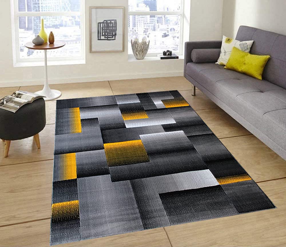 Modern Contemporary Boxes Area Rug in Yellow, Grey & Black - 8x10 Feet Soft Non-Slip Living Room Rug for Bedroom, Office & Home Decor
