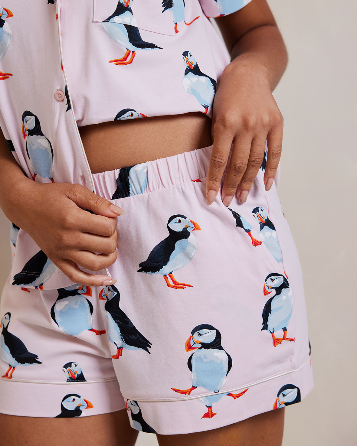 Organic Cotton Puffin Print Short Pajama Set for Women - Soft & Breathable Sleepwear for Summer Nights - Perfect for Lounging, Travel & Cozy Bedtime