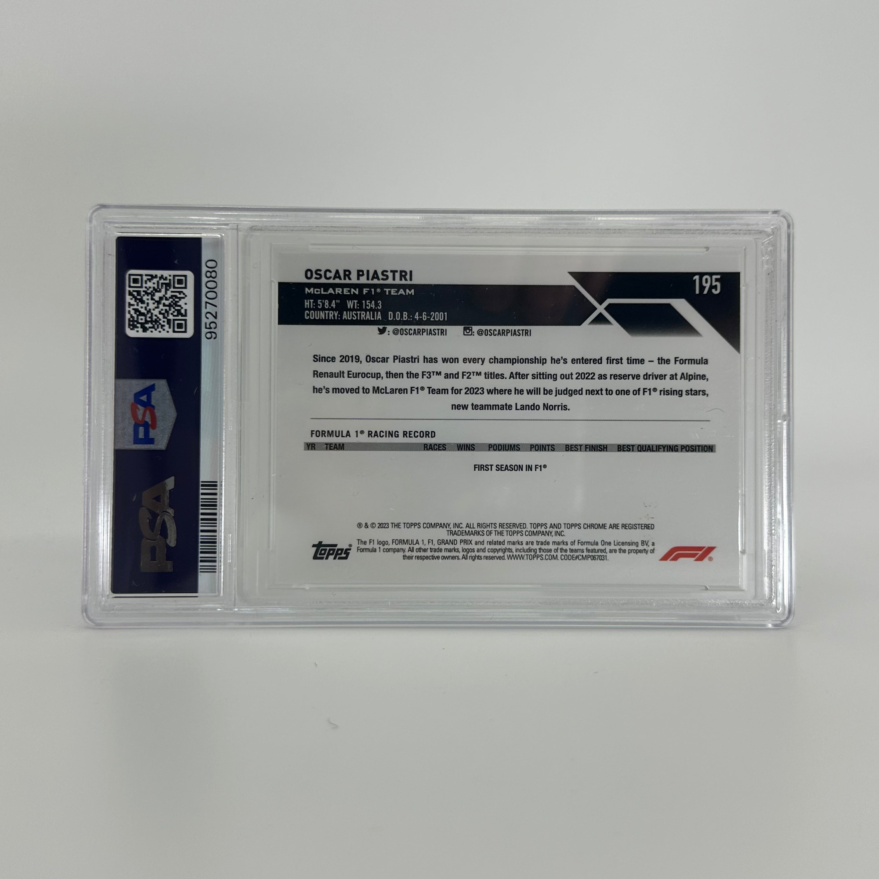 2023 Topps Chrome F1 Oscar Piastri #195 PSA 10 Rookie Card - 40/99 Aqua Sapphire Edition | Collectible Racing Memorabilia for F1 Fans & Card Collectors