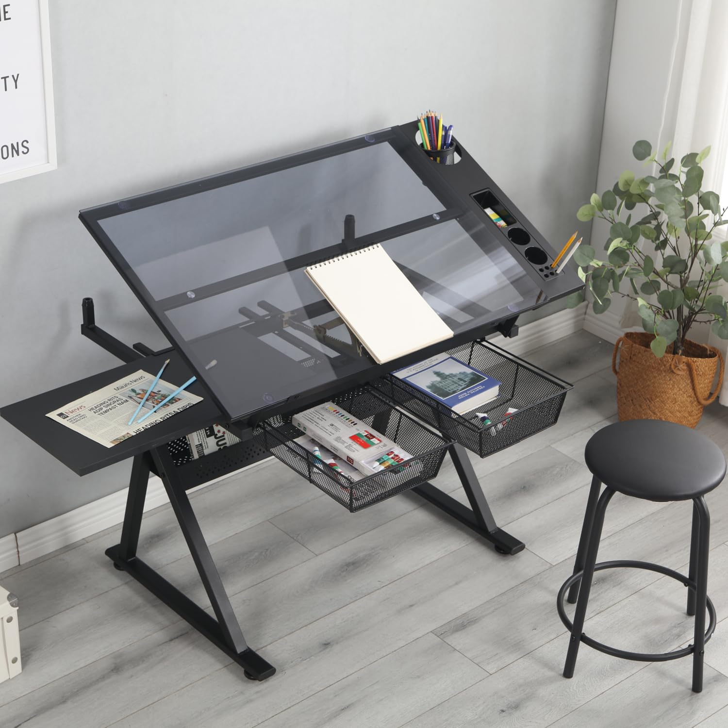 Height Adjustable Glass Drafting Table with Stool - Art Craft Desk with Storage & Tilted Top for Artists, Architects, Office & School Use - Perfect for Sketching, Designing & Creative Work - Black