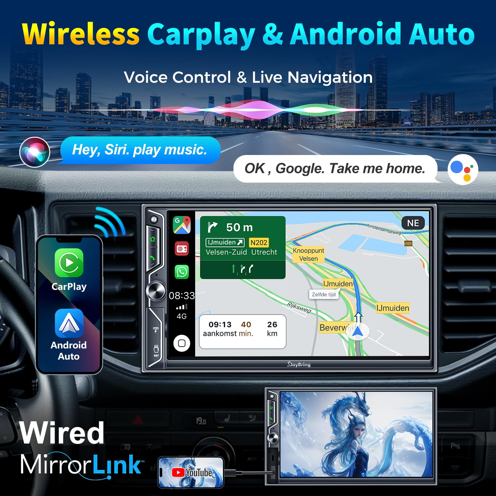 SJoyBring 7 Inch Double Din Car Stereo with Wireless CarPlay & Android Auto, Bluetooth, HD Touchscreen, Backup Camera, FM/AM Radio - Perfect for Road Trips & Daily Commuting