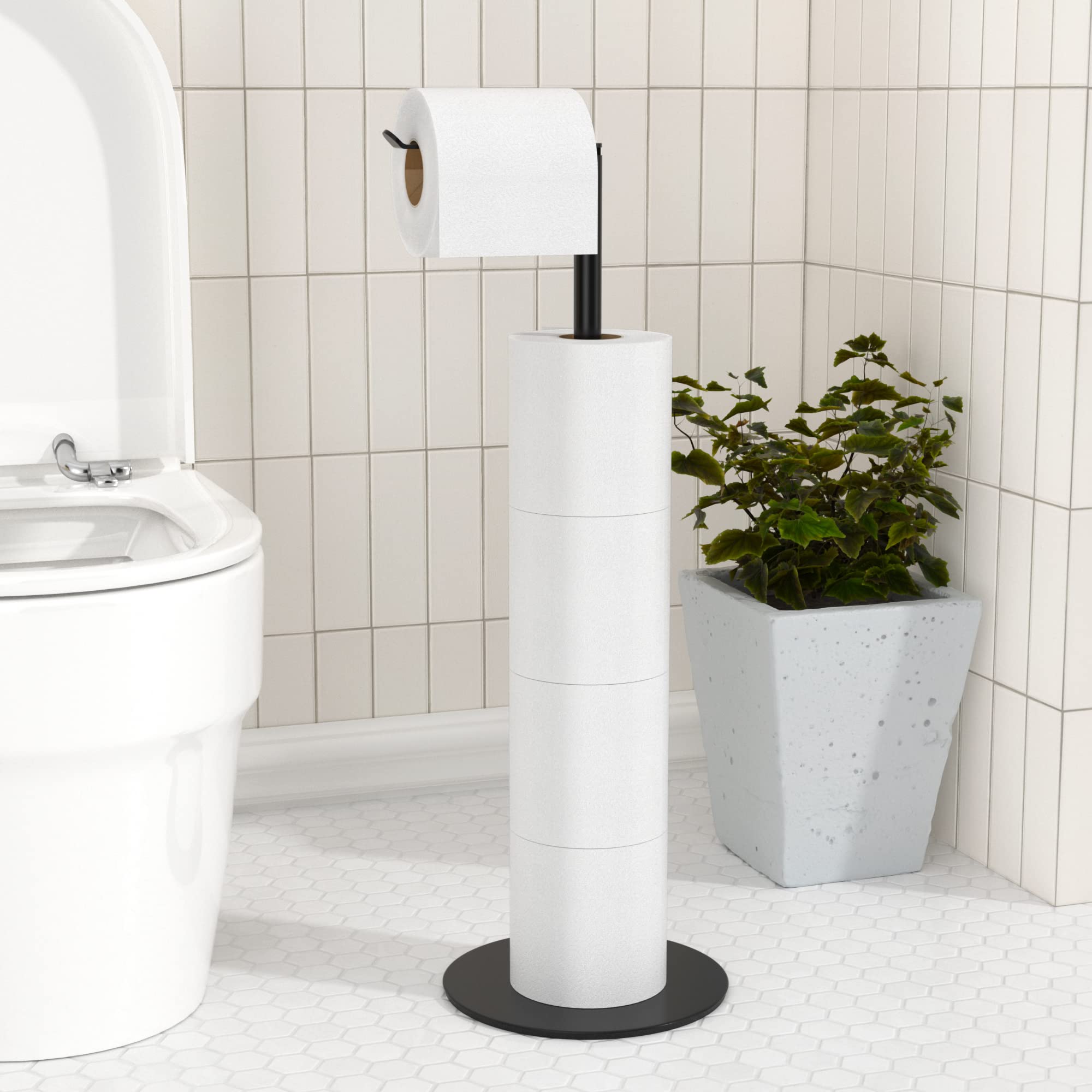 Stainless Steel Free-Standing Toilet Paper Holder with Weighted Base - Holds 4 Spare Rolls - Bathroom Tissue Dispenser & Storage Shelf for Home, Office, or Guest Bathroom