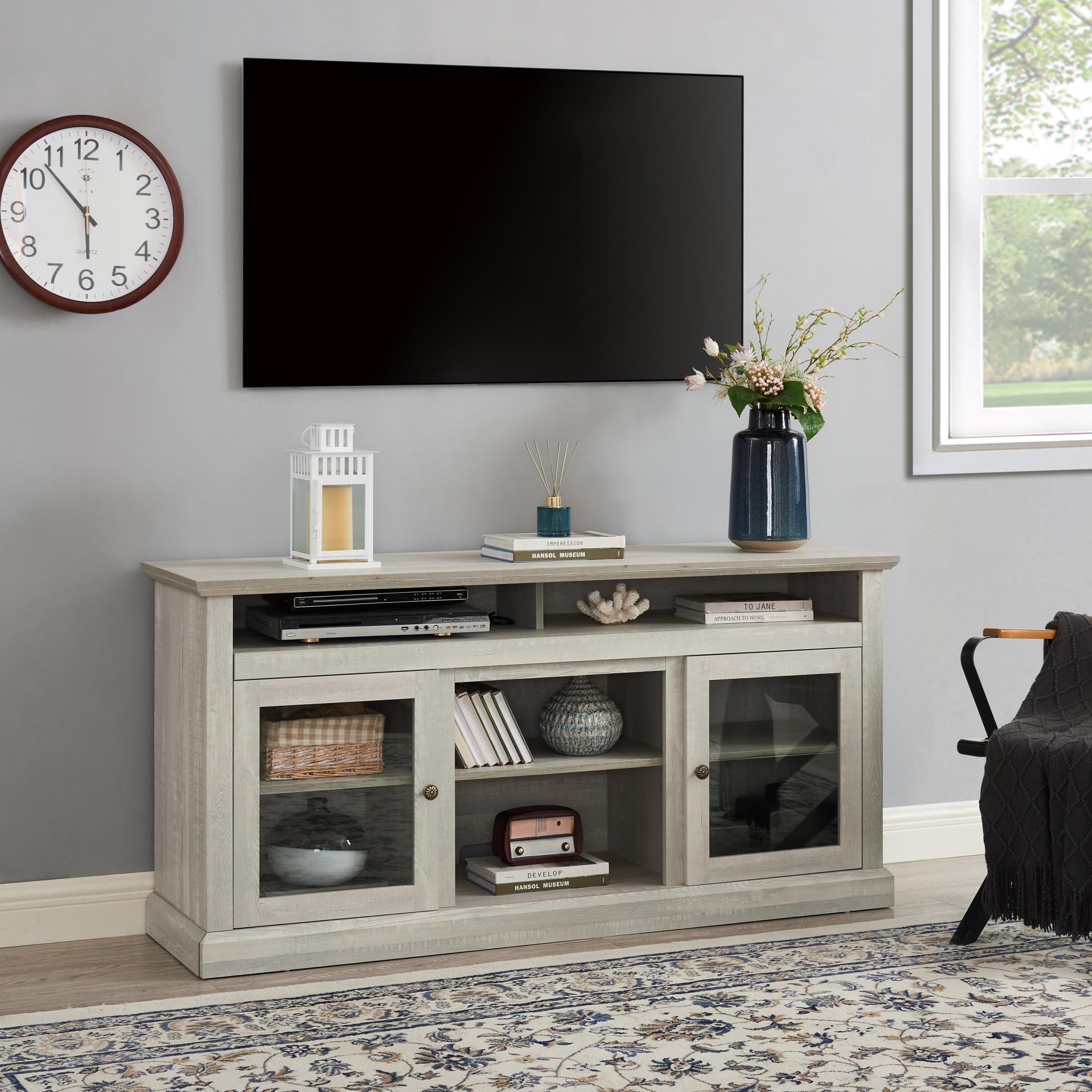 TRIPLE TREE Modern TV Stand for 65 Inch TVs - Contemporary Entertainment Center with Open & Closed Storage, Stone Gray TV Console for Living Room & Bedroom - Perfect for Home Theater Setup & Media Organization