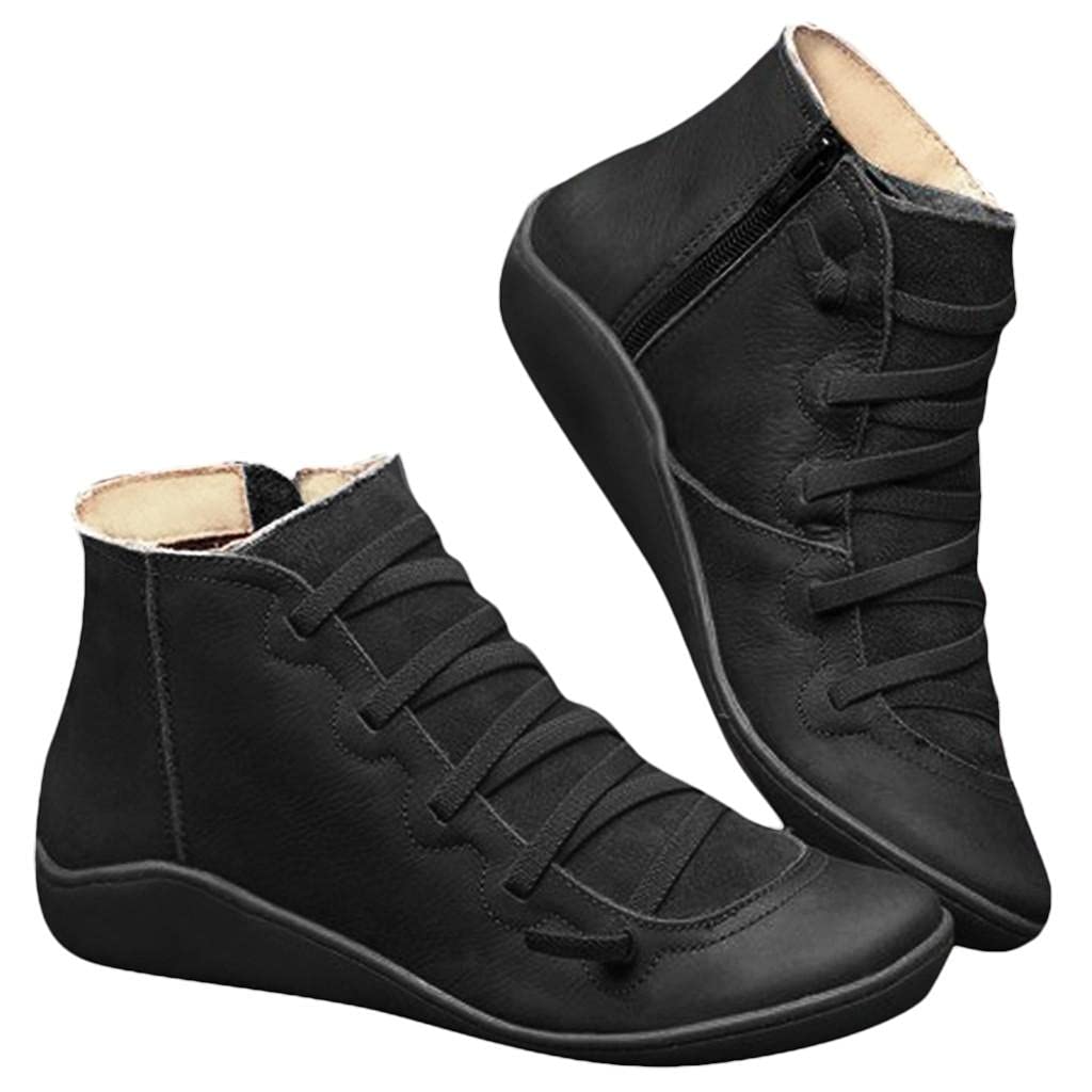 Women's Vintage Lace Up Ankle Booties with Side Zip - Flat Heel & Arch Support for Comfort - Perfect for Fall Fashion, Casual Outfits & Office Wear