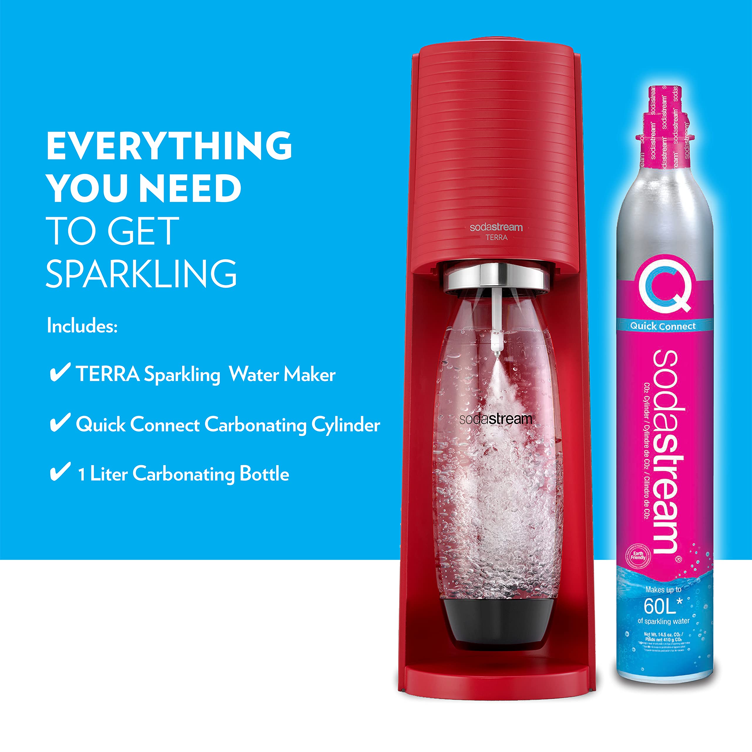 SodaStream Terra Sparkling Water Maker Kit - Red Carbonation Machine with CO2 Cylinder & Dishwasher-Safe Bottle for Home, Office, and Parties | Make Fresh Sparkling Water Instantly