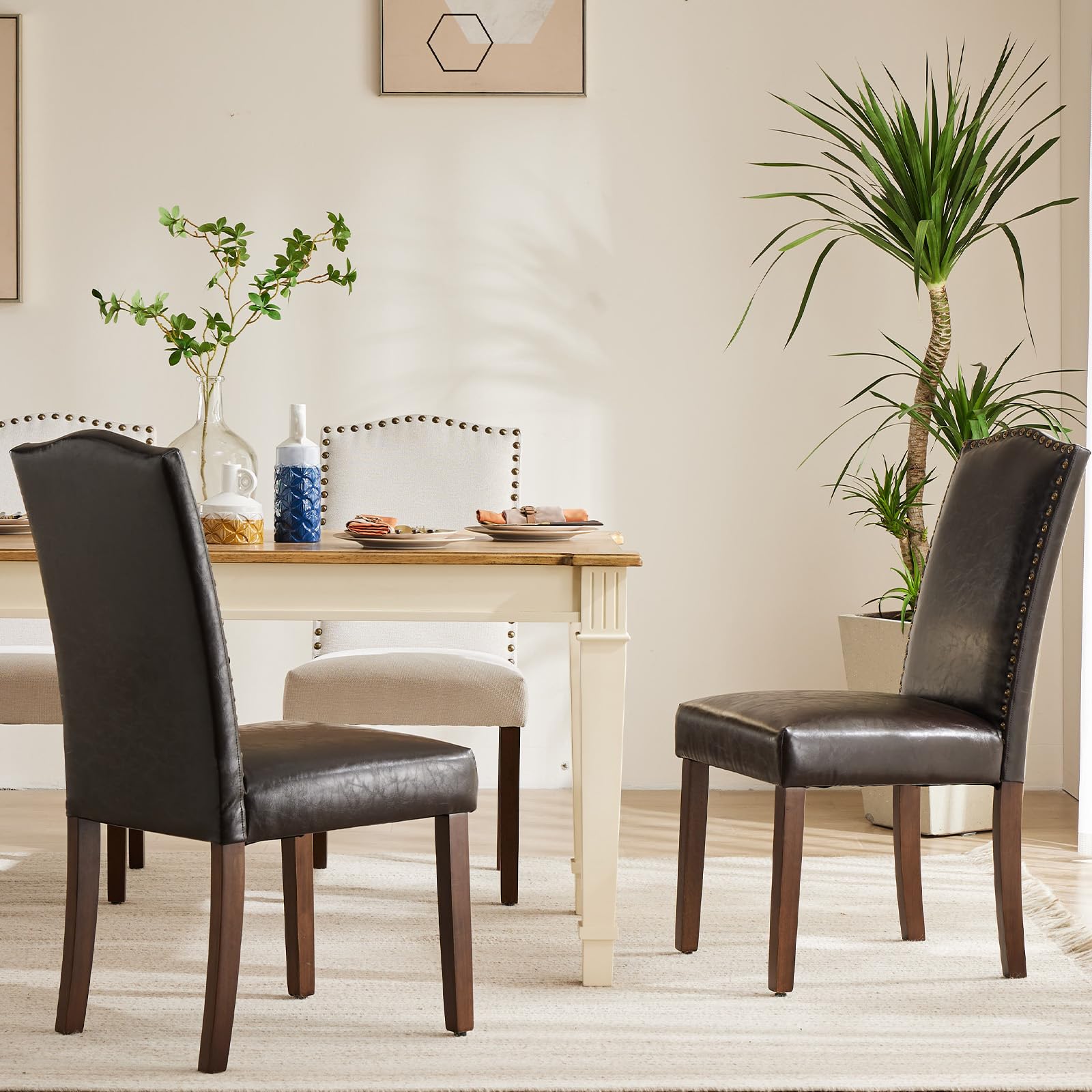 DUMOS 4-Piece PU Leather Dining Chair Set - Upholstered Parsons Chairs with Nailhead Trim & Rubber Wood Legs, Modern Kitchen Side Chairs for Dining Room, Living Room, Bedroom - Brown | Perfect for Home Decor, Family Gatherings & Small Space Dining