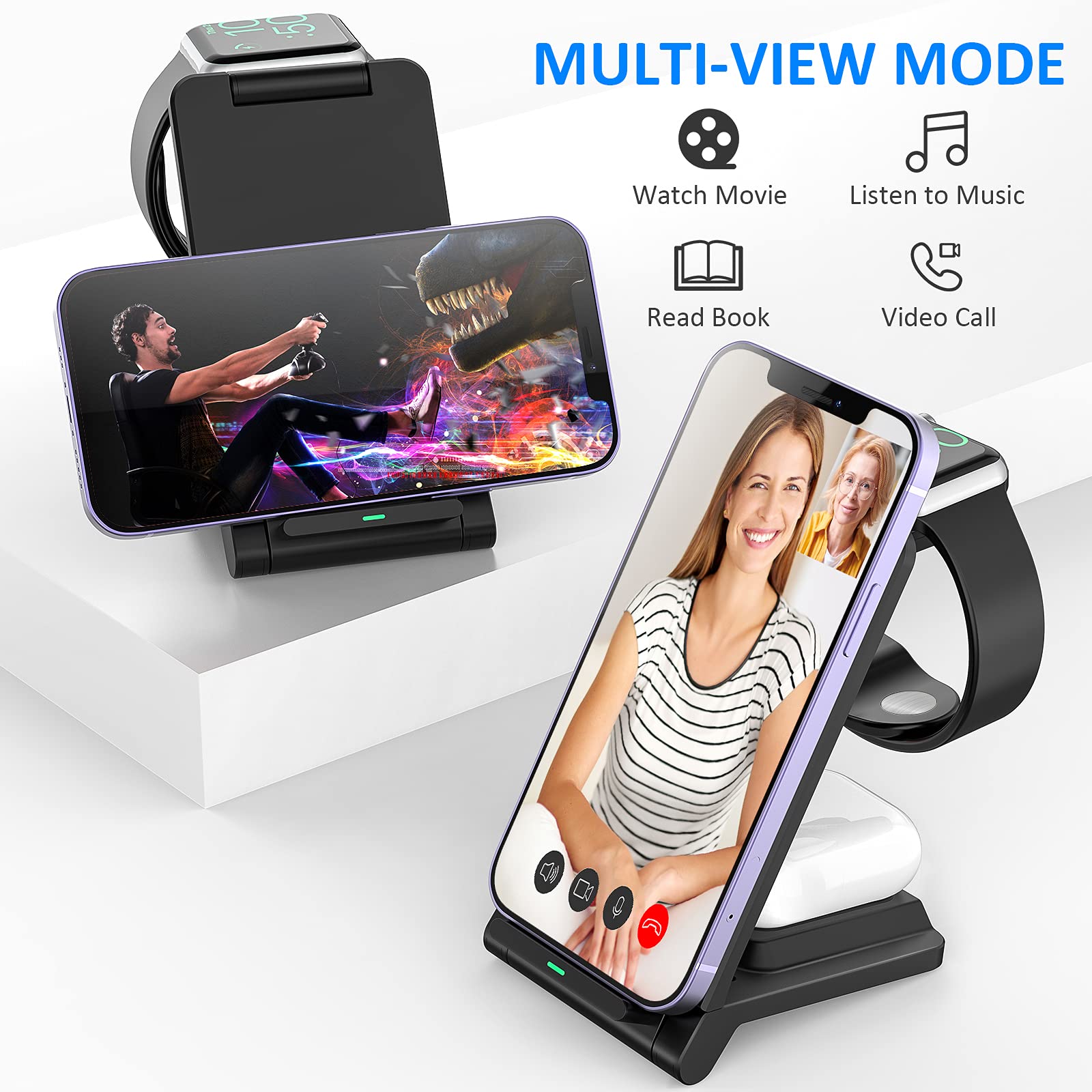 3-in-1 Foldable Wireless Charging Station - 18W Fast Charger for iPhone 16/15/14/13/12 Pro Max & Galaxy S23 - Portable Travel Charger for Apple Watch Series 9/8 & AirPods Pro/4/3/2 - Perfect for Home, Office & Travel Use