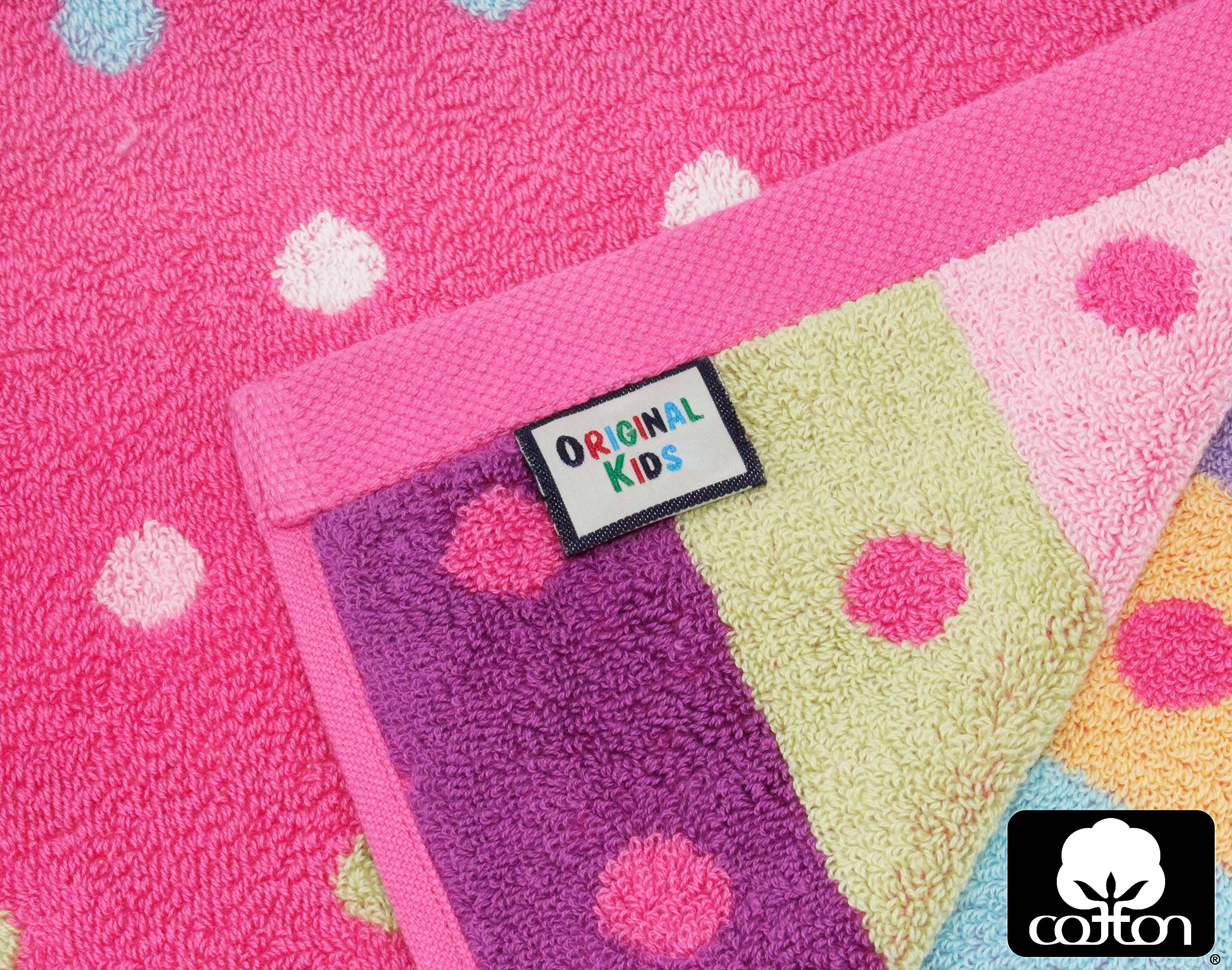 ORIGINAL KIDS 6-Piece Cotton Towel Set - 2 Bath Towels, 2 Hand Towels & 2 Washcloths with Bonus Tote Bag - Soft Absorbent Jacquard Weave for Bath, Pool & Beach - Sugar & Spice Pink Multicolor Design - Perfect Baby Shower Gift & Toddler Bath Time Essential