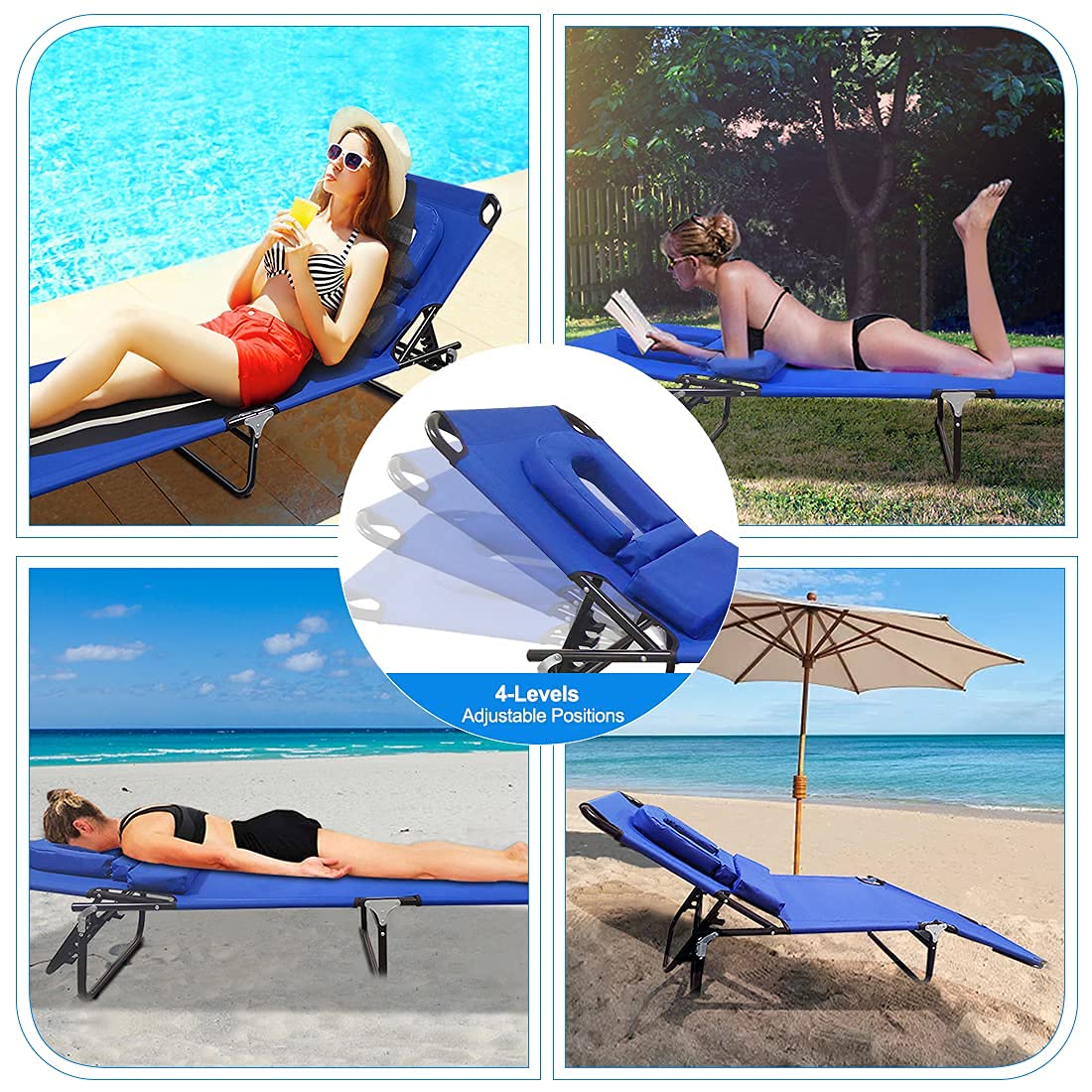 Portable Chaise Lounge - 4 Position Adjustable Outdoor Recliner Chair with Face Hole & Removable Pillow, 330lbs Weight Capacity - Perfect for Beach, Poolside, Patio, Lawn, Balcony and Backyard Relaxation