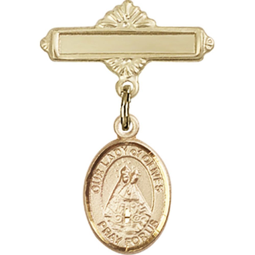 Gold Filled Baby Badge with Our Lady of Olives Charm - 1 X 5/8 Inch Polished Pin for Christening, Baptism & First Communion Gifts - Religious Jewelry for Newborns & Infants