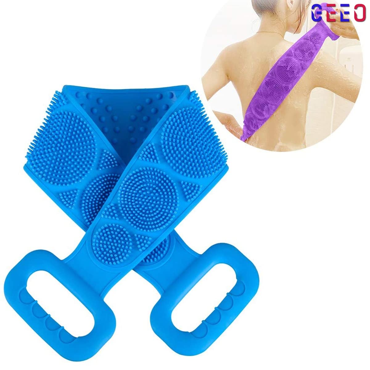 GEEO Silicone Body Scrubber Belt - Dual-Sided Exfoliating Shower Scrubber for Deep Cleansing, Replaces Bath Towel & Loofah - Perfect for Spa, Gym, and Home Shower Routine
