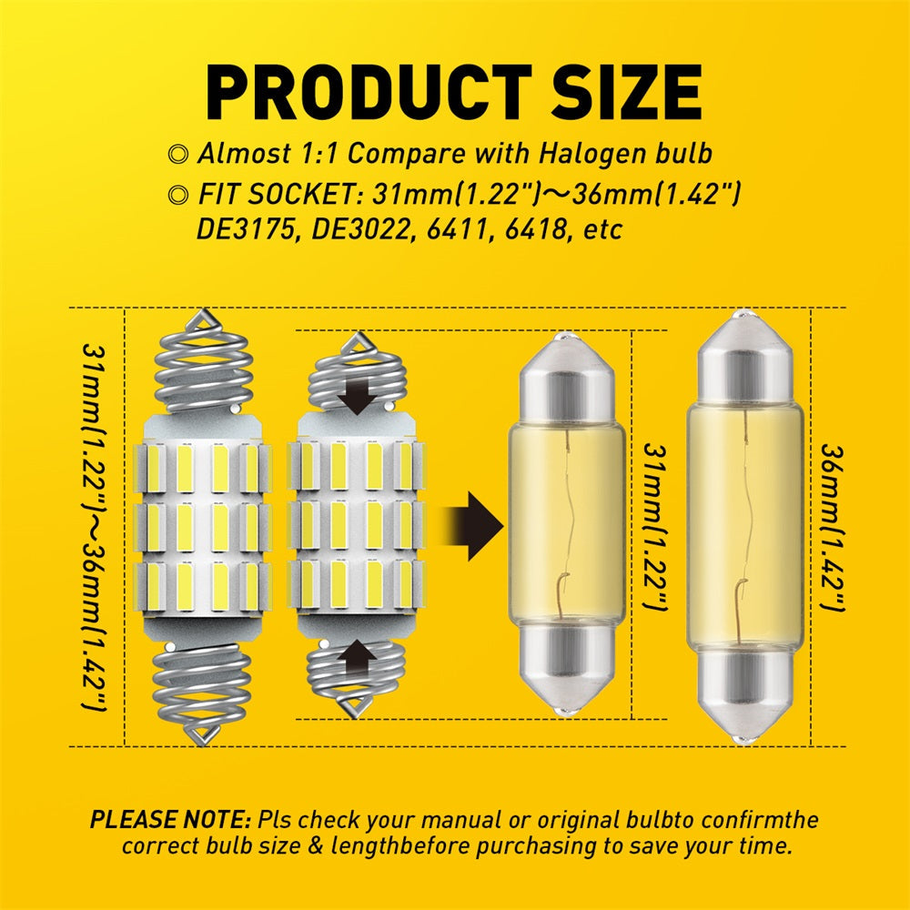 AUXITO Retractable DE3175 6418 LED Bulb - 4014 Chipsets, 31mm & 36mm Festoon Bulb (6411 Bulb) - Perfect for Car Interior Lights, Dome Lights & Map Lights