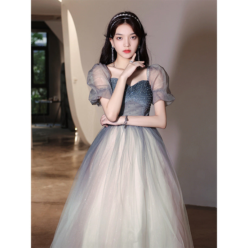 Elegant Gray Long Party Dress with Short Sleeves - Formal Evening Gown for Women - Perfect for Prom, Cocktail Parties & Special Occasions