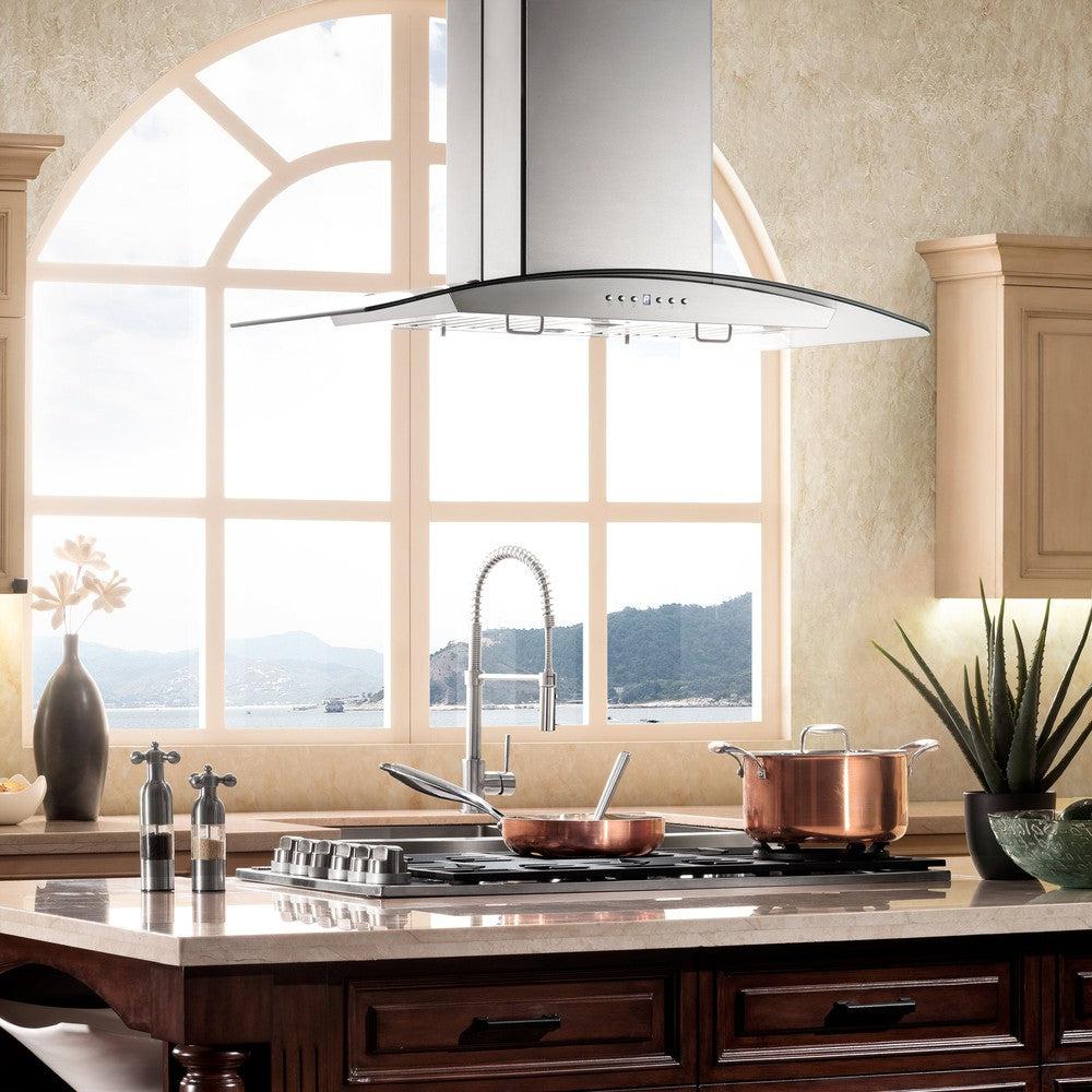 ZLINE GL14i Stainless Steel & Glass Convertible Vent Island Mount Range Hood - Powerful Kitchen Exhaust Fan for Smoke & Odor Removal - Perfect for Modern Kitchens & Open Concept Homes
