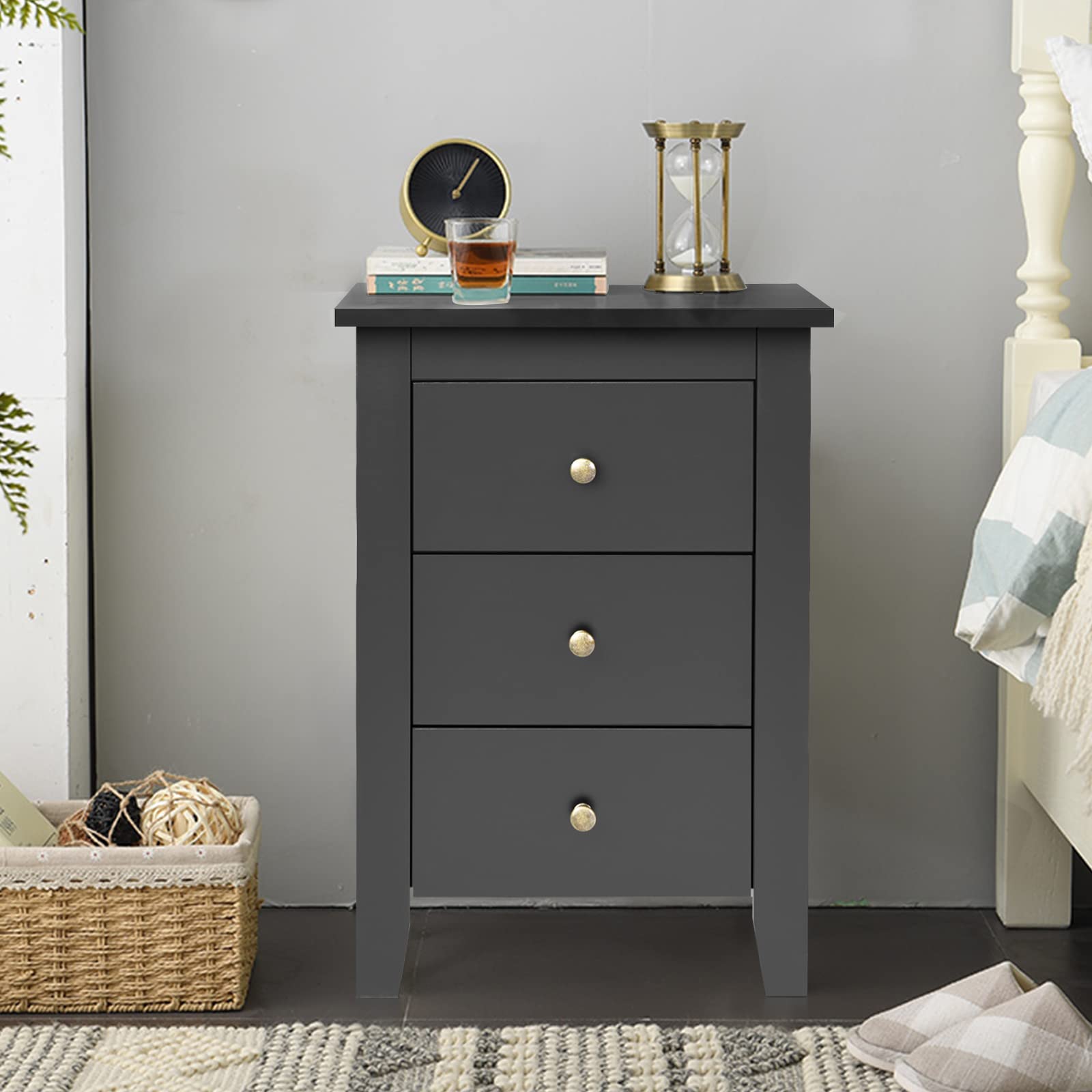 Giantex 2-Pack Nightstand Set with 3 Drawers - Solid Wood Legs Bedside Table, Storage Cabinet for Small Spaces - Perfect for Bedroom, Living Room & Apartment (Black)