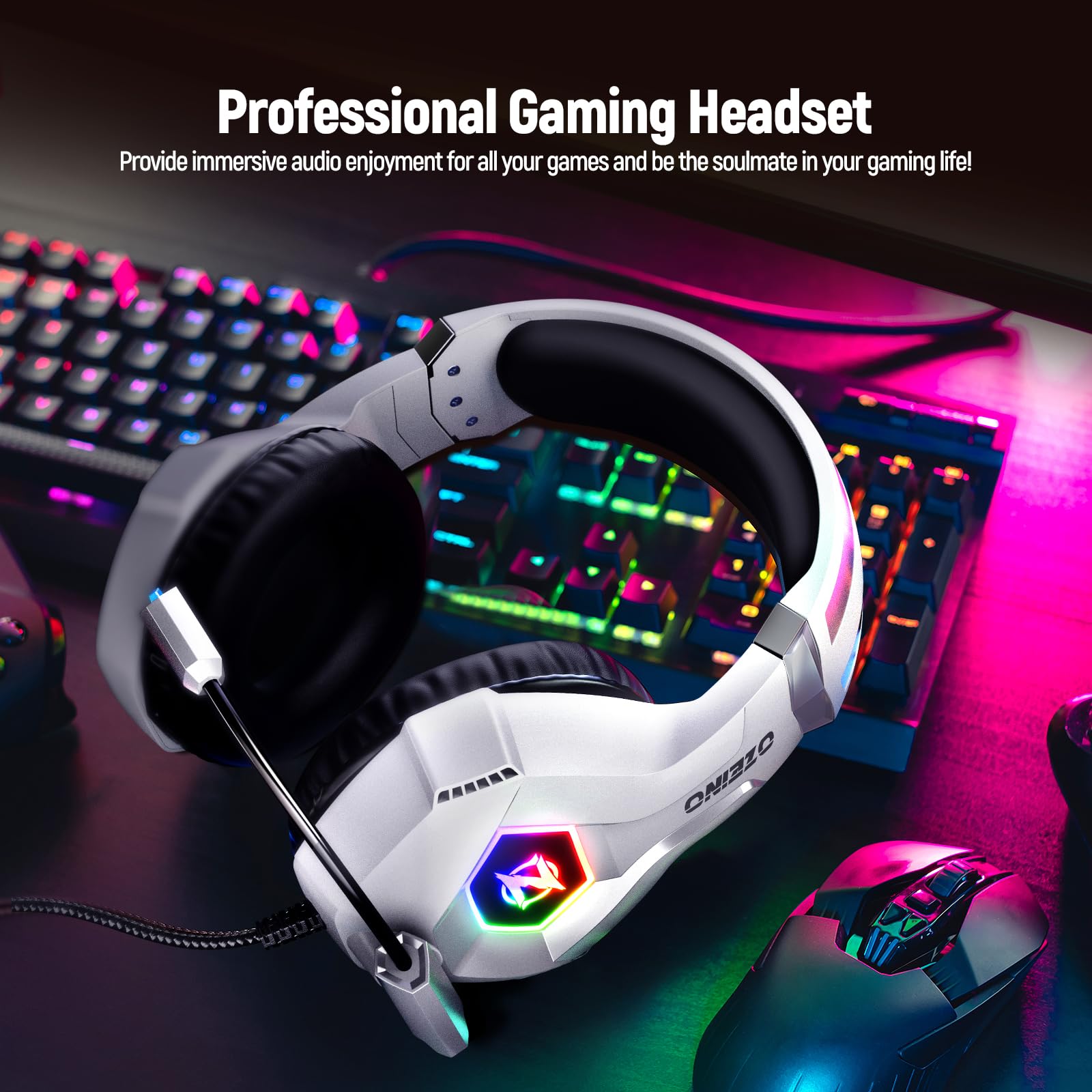 Ozeino Gaming Headset for PC, PS4, PS5, Xbox Series X/S - Stereo Headphones with Noise Cancelling Mic, Memory Foam Earmuffs & LED Lights | Compatible with Switch, Laptop, Mac & Phone | Perfect for Online Gaming, Streaming & Virtual Meetings