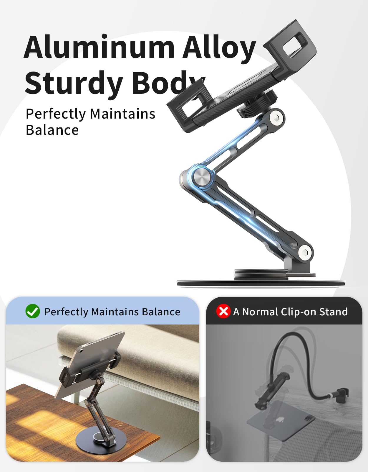 360° Rotating Tablet Stand Holder - Adjustable Height & Dual-Axis Support, Ergonomic iPad Stand for Desk, Foldable Kindle Tablet Holder Compatible with 4-13