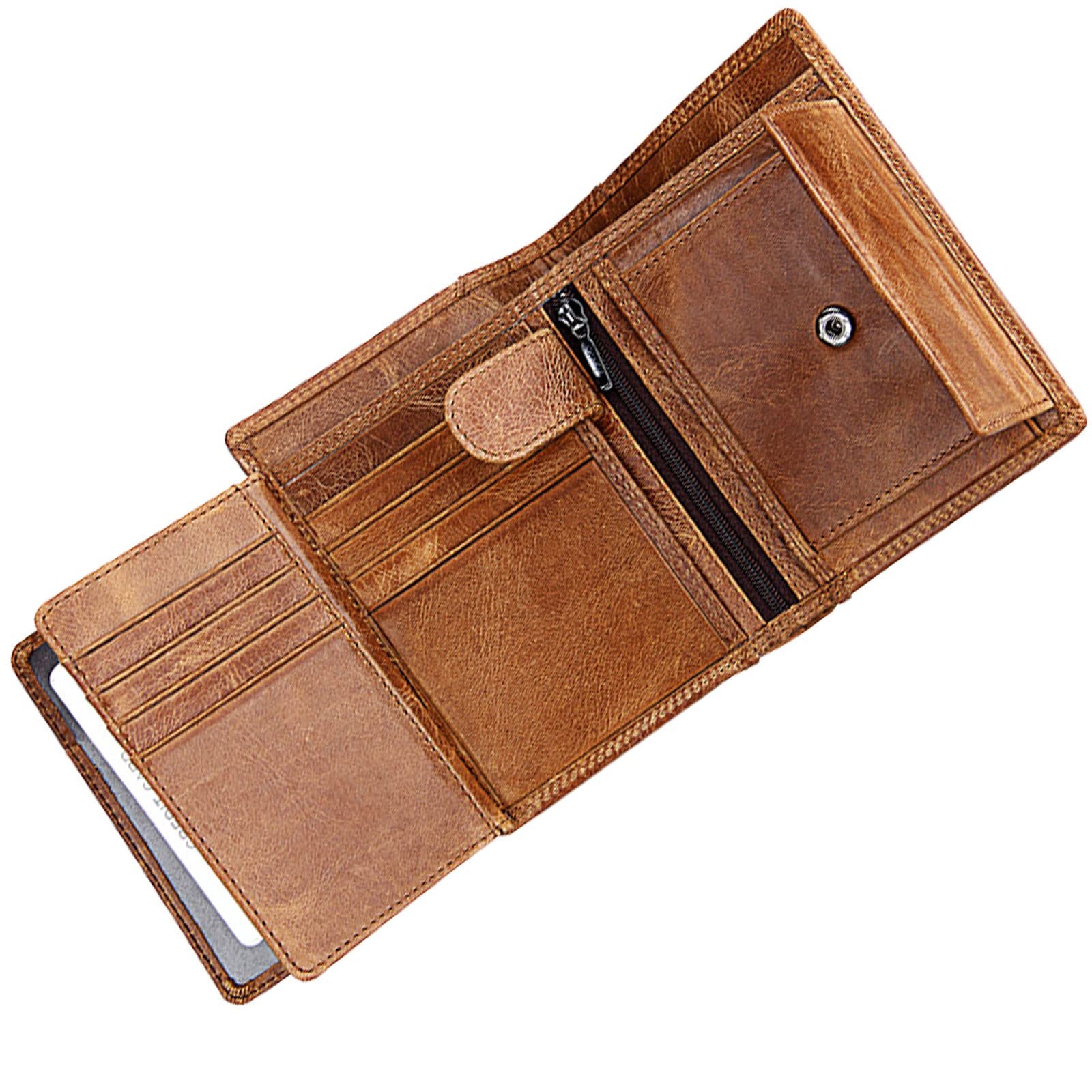 Men's RFID Blocking Leather Trifold Wallet with ID Window & Zippered Coin Pouch - Classic Brown Slim Wallet for Business & Travel - Perfect Gift for Dad, Husband & Boyfriend