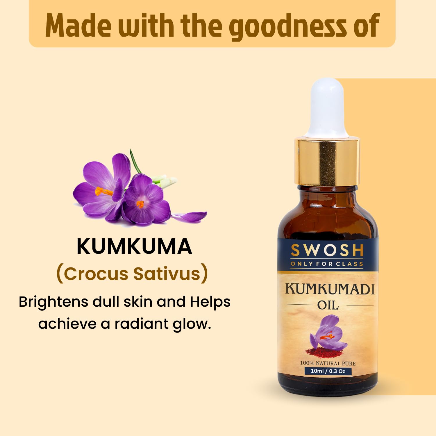 SWOSH Ayurveda Kumkumadi Tailam - 100% Vegan Saffron Face Oil for Glowing Skin (10ml) | Chemical-Free Skin Repair & Revitalization | Perfect for Nighttime Skincare & Anti-Aging Routine