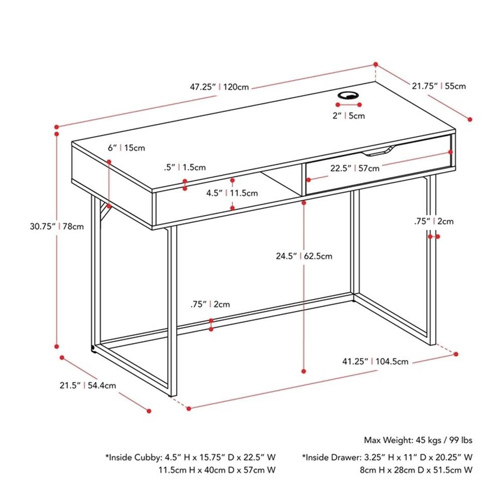 CorLiving Marley Modern White Engineered Wood Single Drawer Writing Desk with Steel Legs - Perfect for Home Office, Study Room & Small Spaces
