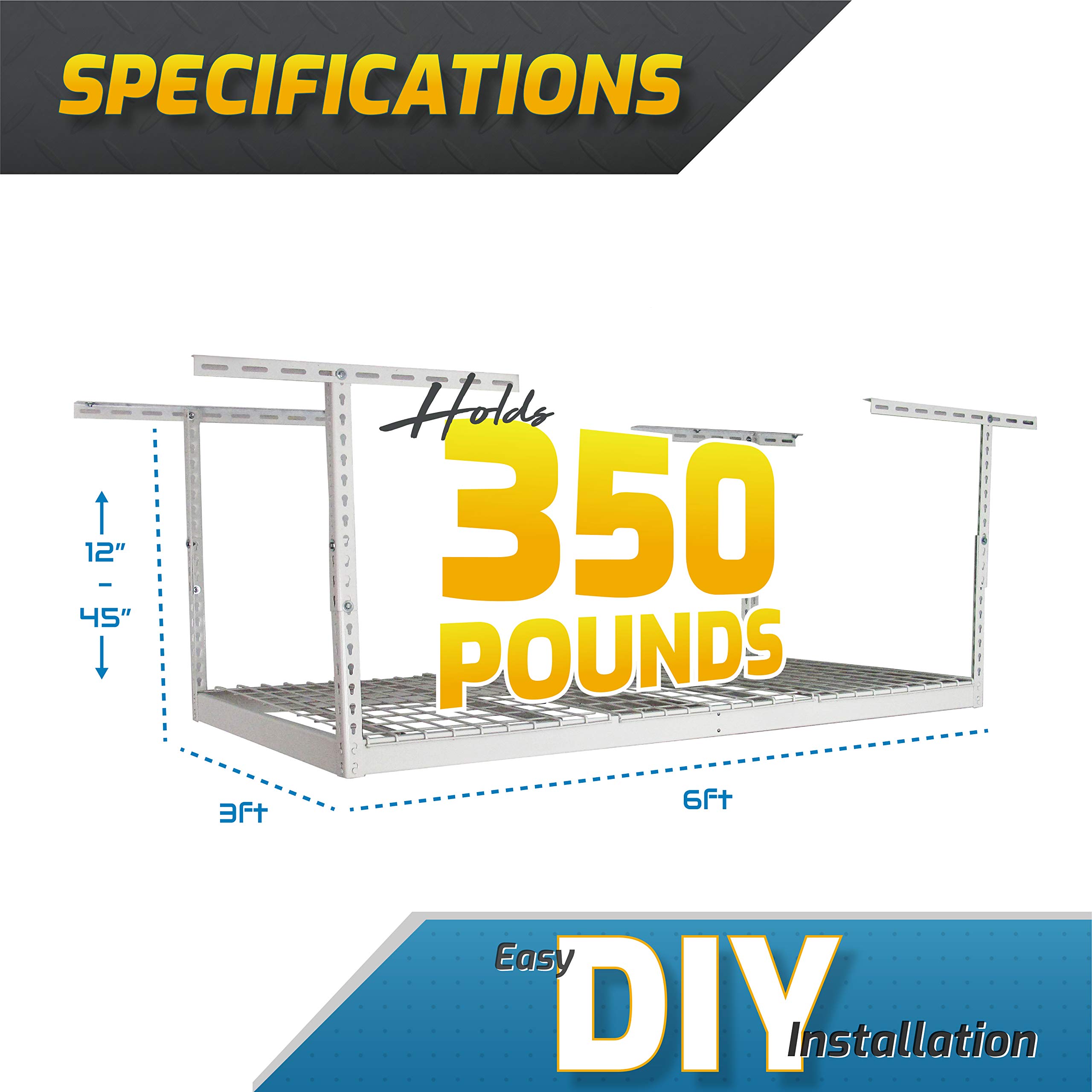 MonsterRax Heavy Duty Overhead Garage Storage Rack - 400 lb Capacity Adjustable Ceiling Mount Shelves 3x6 White (12