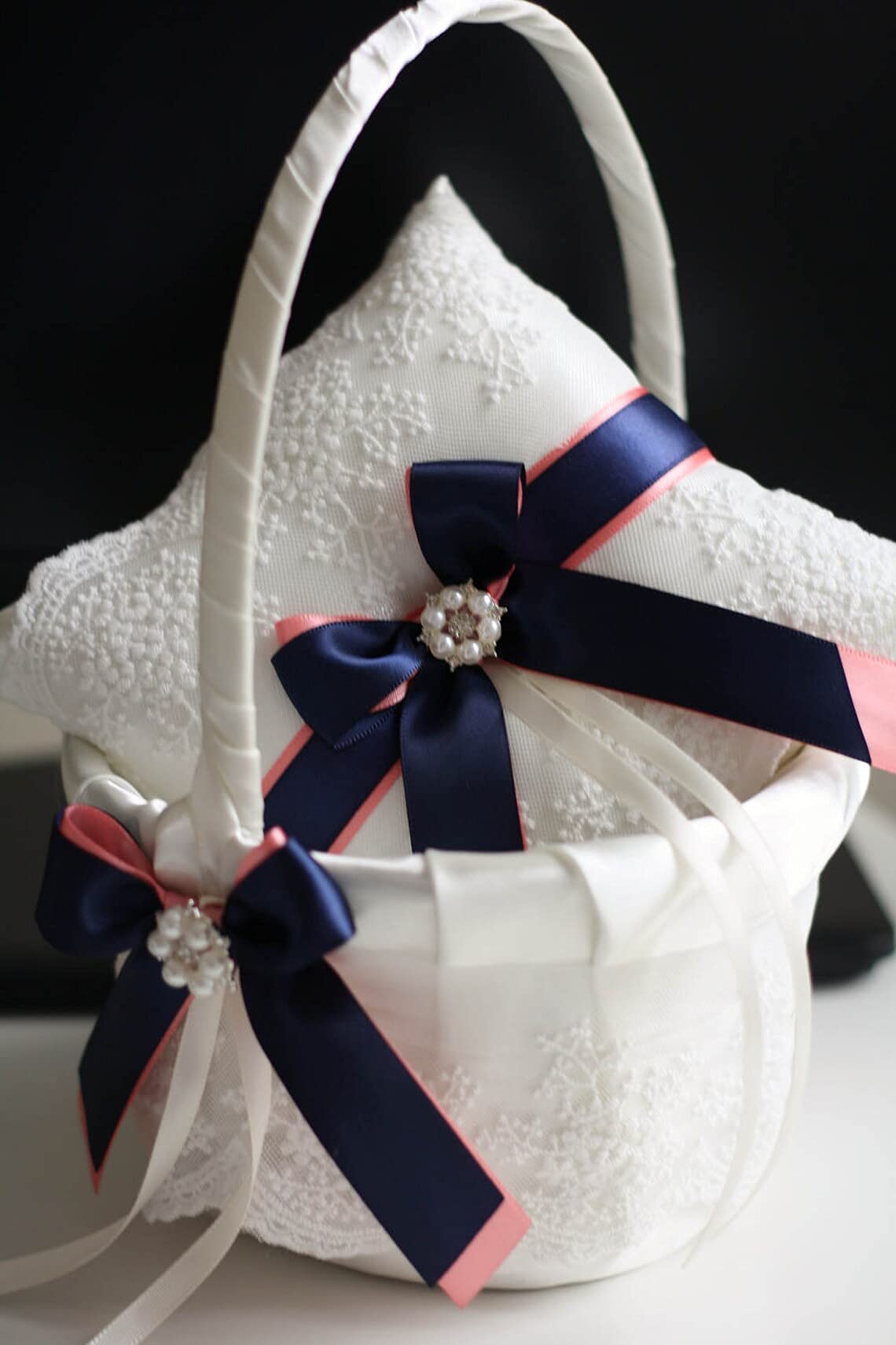 Elegant Coral & Navy Wedding Ring Bearer Pillow Set with Flower Girl Baskets - White (1 Pillow + 2 Baskets) - Perfect for Beach Weddings, Rustic Ceremonies & Boho Nautical Themes