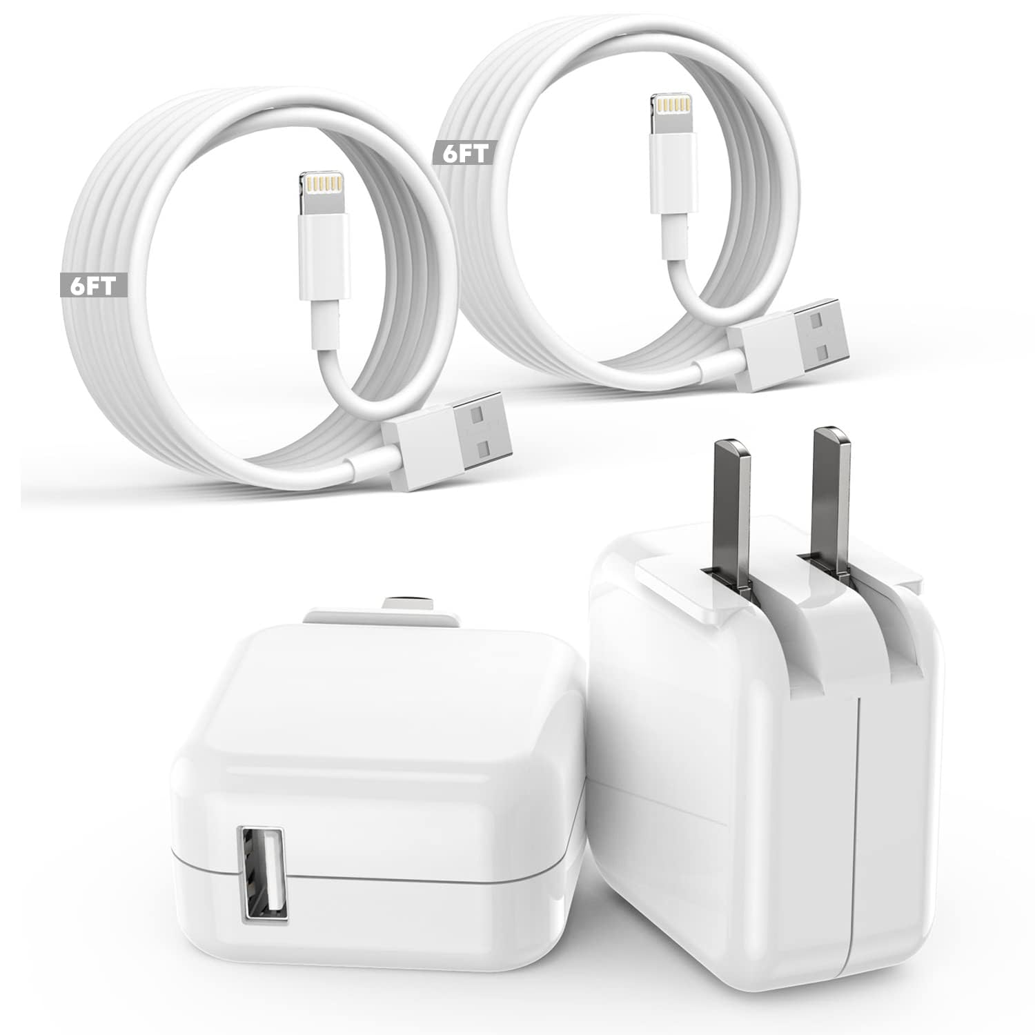 Apple Certified Fast Charger for iPhone & iPad - 2 Pack 6FT USB to Lightning Cable with 12W Foldable Wall Plug - Compatible with iPad Pro/Air, iPhone 11/12/13/14 - Perfect for Travel, Home & Office Charging