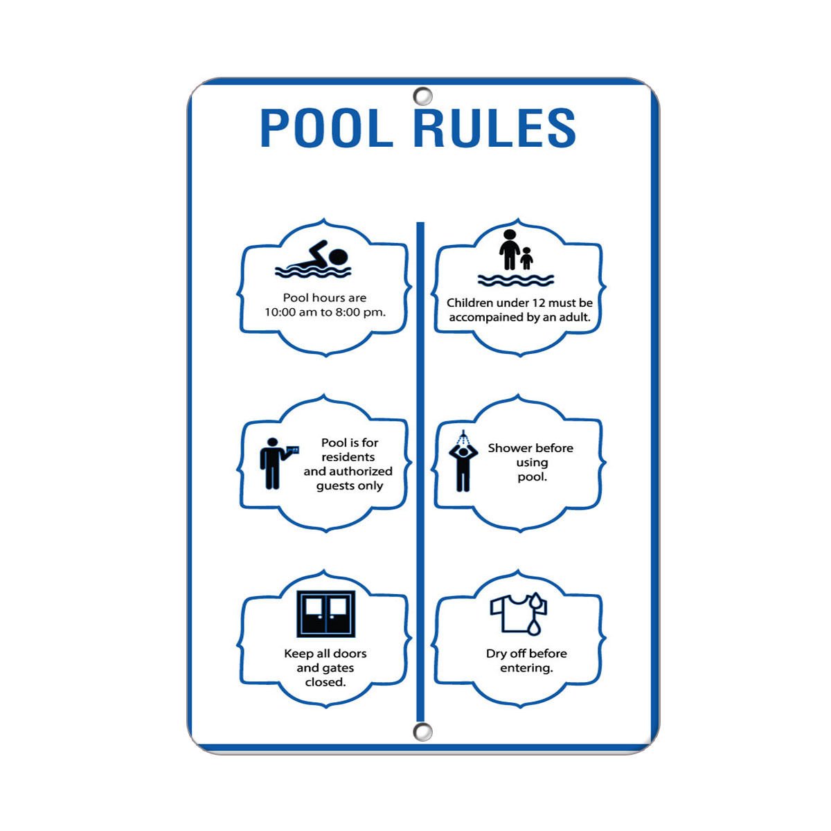 Pool Rules Sign - 10:00 AM to 8:00 PM Vinyl Decal Sticker Kit | OSHA Compliant Safety Labels (8 Inch) for Swimming Pools, Public Pools & Community Centers