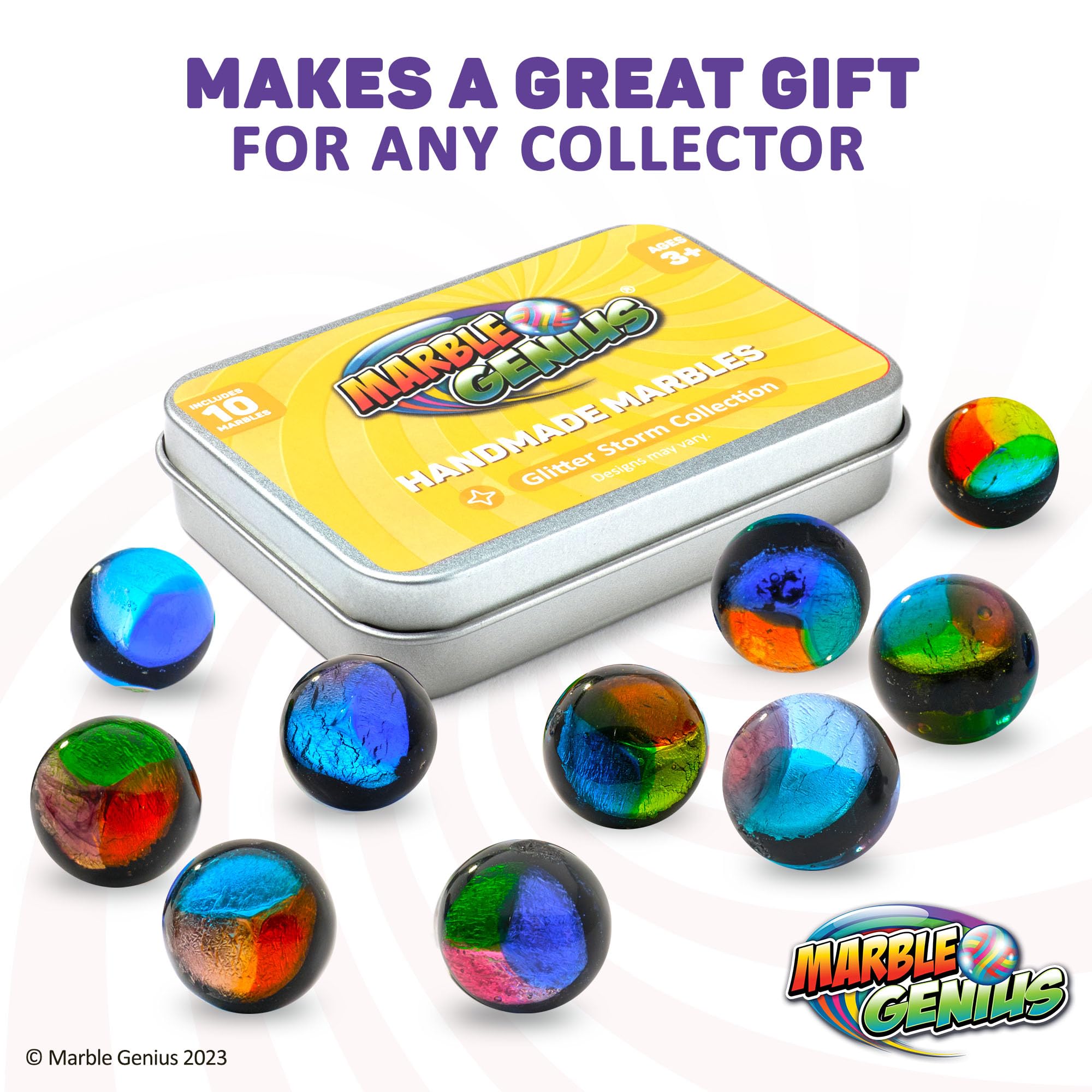 Marble Genius Premium Handmade Glass Marbles Set - 10 Glittery 16mm (5/8 Inch) Collector Marbles for Kids & Adults | Perfect for Marble Games, Collections & Unique Gifts (Ages 3+)