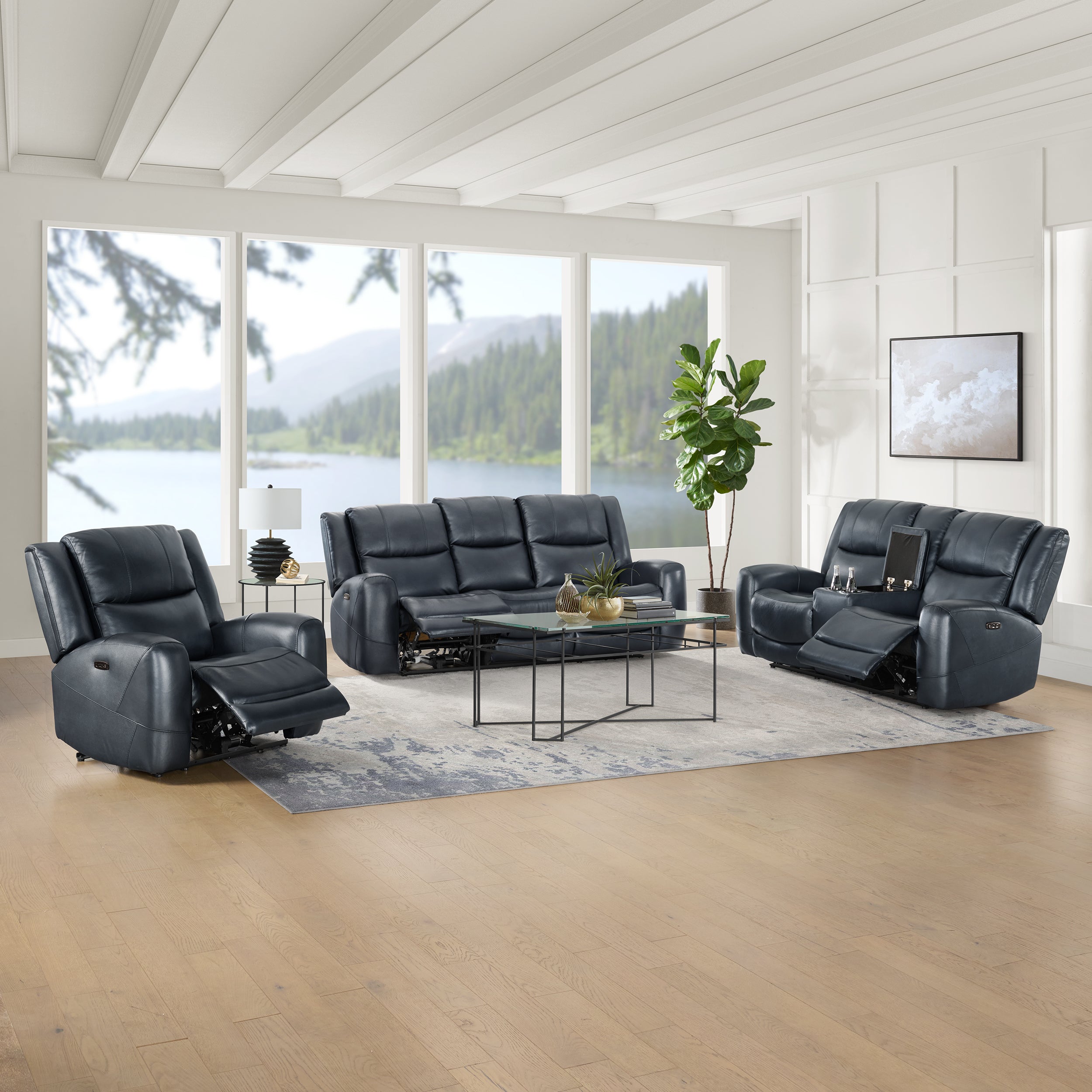 Roundhill Furniture Cozura Genuine Leather Power Reclining Sofa Set - 3-Piece Living Room Sectional with USB Charging & Cup Holders | Perfect for Home Theater, Family Gatherings & Relaxing Evenings