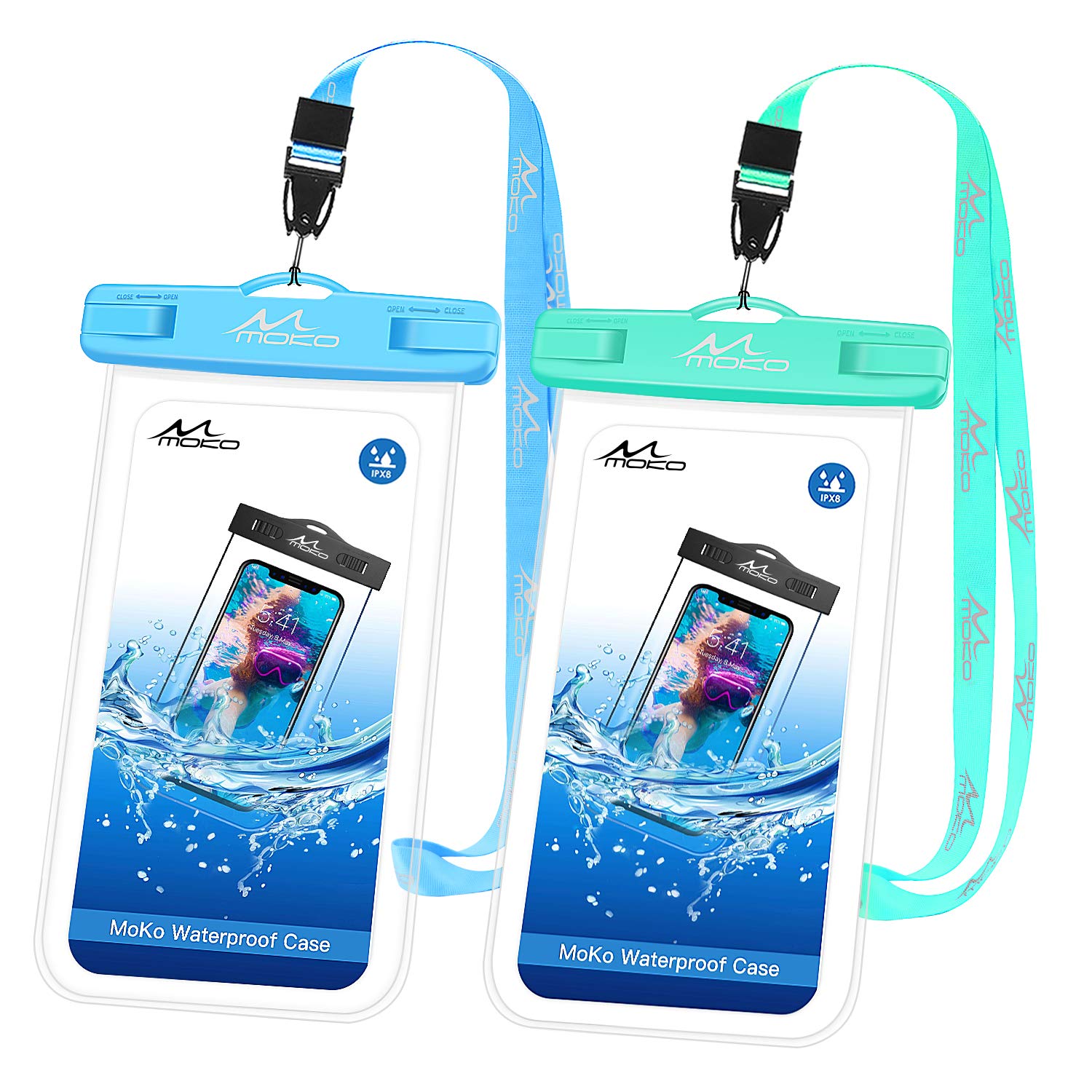 MoKo 2-Pack Waterproof Phone Pouch - Universal Underwater Dry Bag Case with Lanyard for iPhone 16/14/13/12/11 Pro Max/X/Xr/Xs Max/SE 3 & Samsung S21/S10/S9/Note 10/9/8 - Perfect for Swimming, Beach, Kayaking and Outdoor Activities