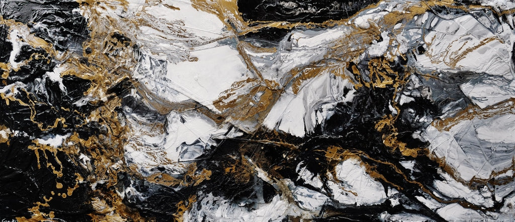 Pay Me In Gold 270cm x 120cm Gold White Black Textured Abstract Canvas Wall Art - Modern Large Painting for Living Room, Bedroom & Office Decor