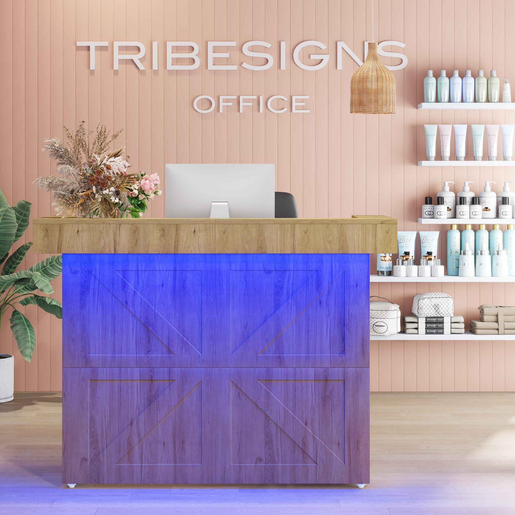 Tribesigns 55-Inch Modern Reception Desk with Built-in Light & Cable Grommets - Brown Office Lobby Counter Table for Salon, Retail Shop & Business Waiting Area - Perfect for Professional Spaces & Commercial Interiors