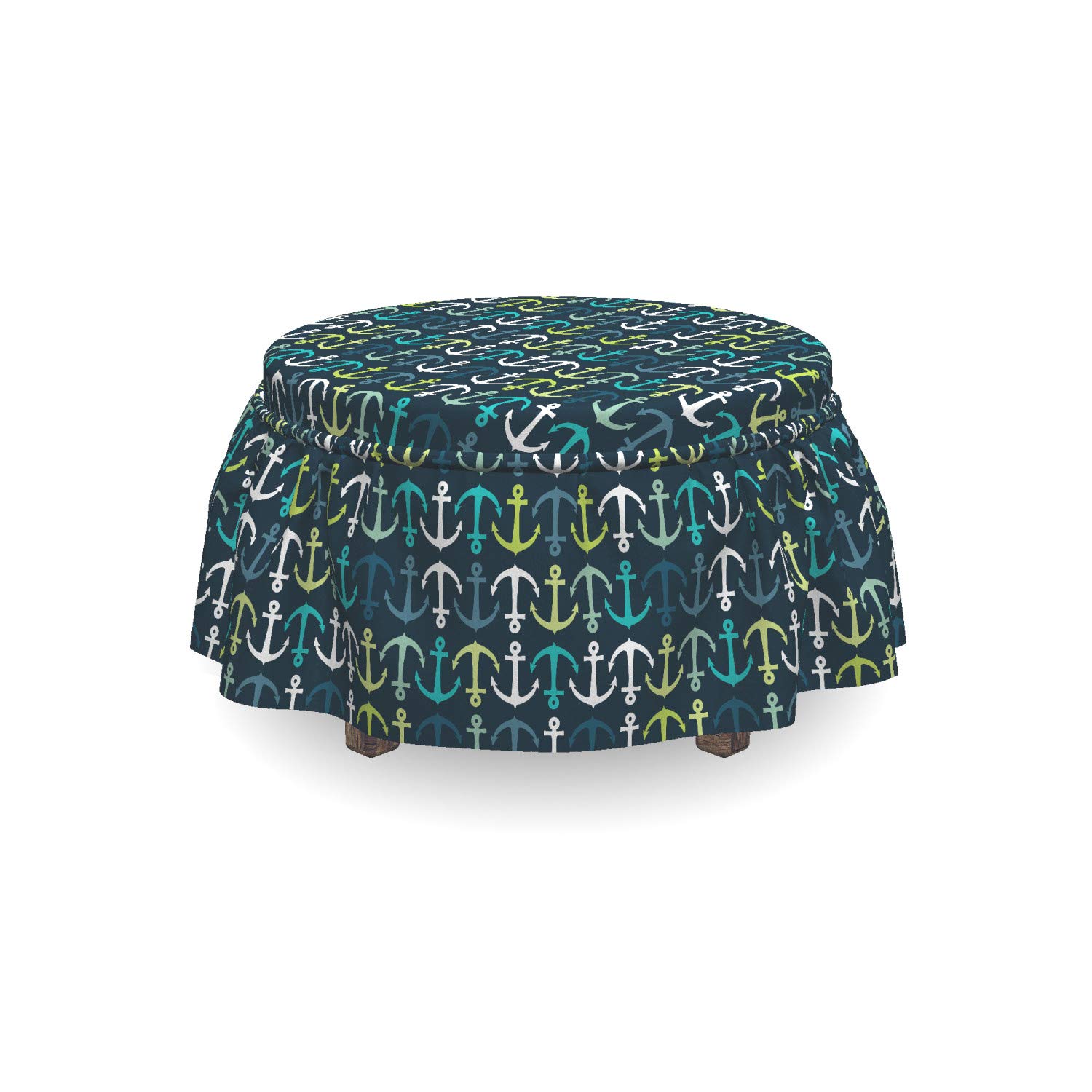 Ambesonne Anchor Ottoman Cover Set - 2 Piece Slipcover with Ruffle Skirt for Square/Round Footstools, Nautical Maritime Decor in Dark Blue Green White | Perfect for Living Room, Bedroom, or Boat Cabin Decoration