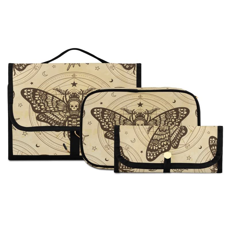 MNSRUU Beige Skull Moth Butterfly Hanging Makeup Bag - 3 PCS Travel Toiletry Organizer Set with Clear Compartments | Portable Cosmetic Storage for Women, Perfect for Vacation, Gym & Business Trips