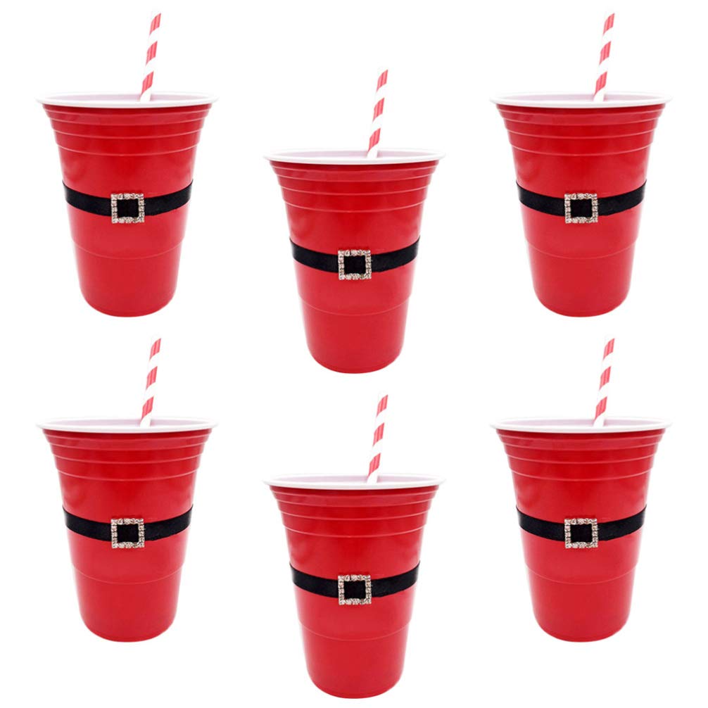 Happyyami 12-Piece Santa Belt Christmas Party Cups Set with Straws - Durable Plastic Drinking Cups for Holiday Celebrations, Home Parties & Festive Gatherings