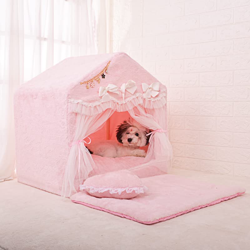 Handmade Princess Pet Bed for Small Dogs & Cats - Washable Removable Sofa Cushion with Frame Cover, Warm Cozy Tent House (Pink, Medium) - Perfect for Indoor Lounging & Nap Time Comfort