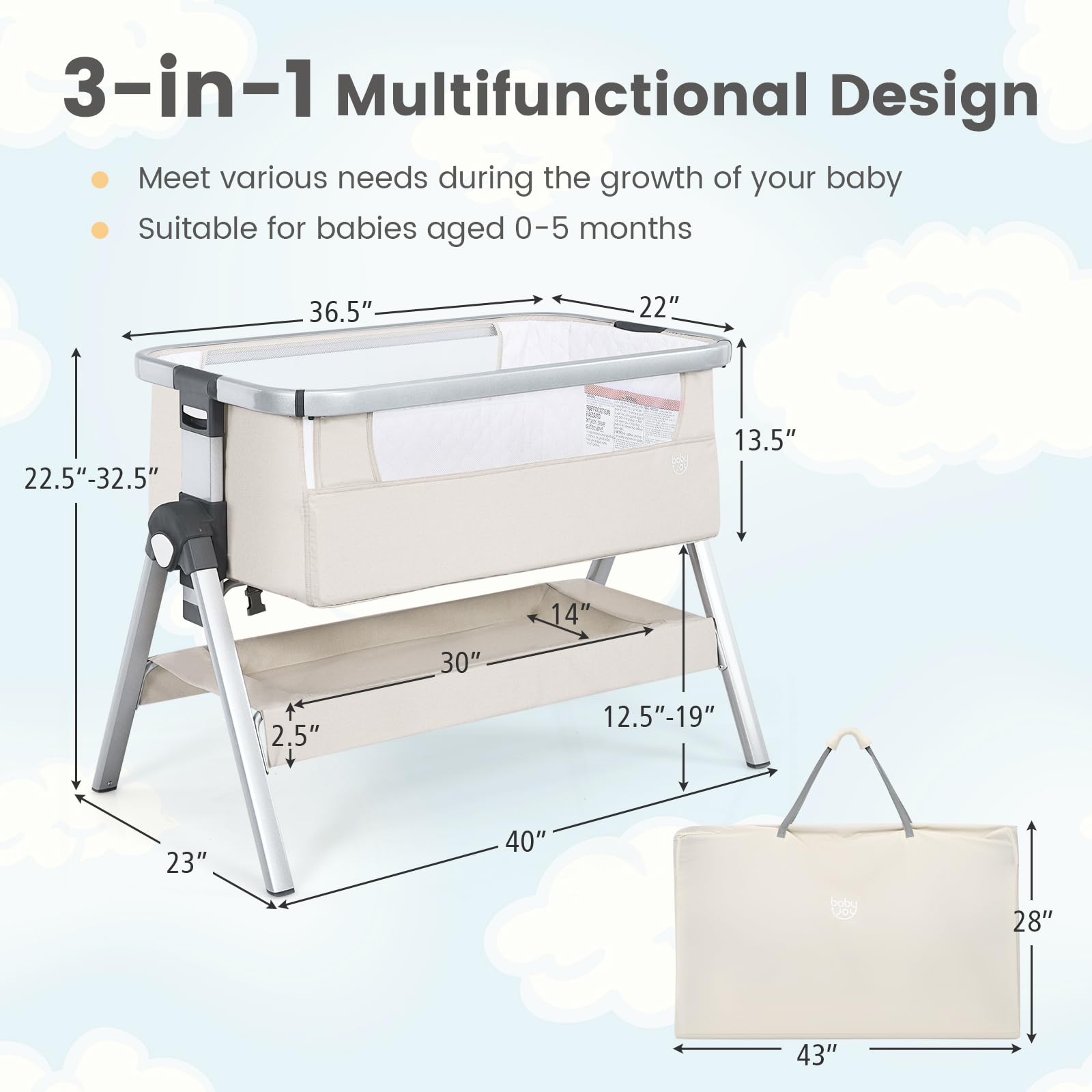 **BABY JOY Portable Bassinet Bedside Crib with Mattress - Adjustable Height, Storage Basket & Travel Bag - Safe Newborn Sleeper for Nursery, Travel & Co-Sleeping (Beige)**