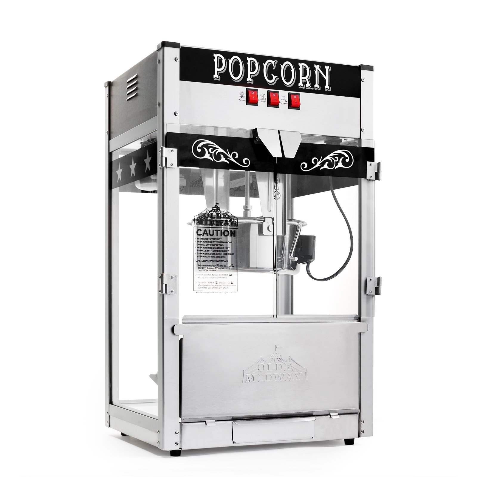Olde Midway Commercial Popcorn Machine - 12-Ounce Large Kettle Popper Maker for Movie Theater, Carnival & Home Use - Black
